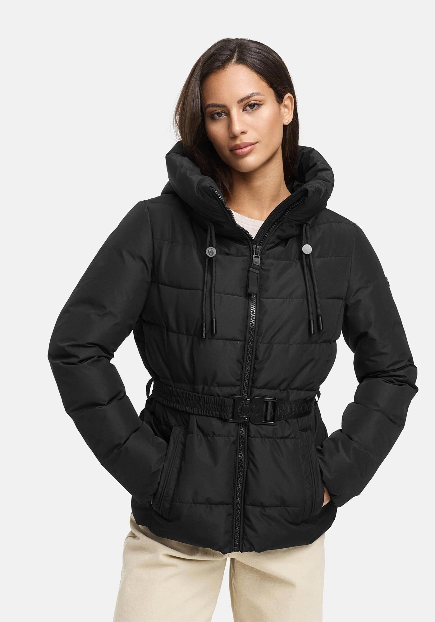 Winterjacke MARIKOO "Himee", Damen, Gr. L, schwarz, Obermaterial: 100% Polyester; Futter: 100% Polyester; Wattierung: 100% Polyester; Ärmelfutter: 100% Polyester, Jacken Winterjacke, mit praktischem Taillengürtel und robuster Klickschnalle