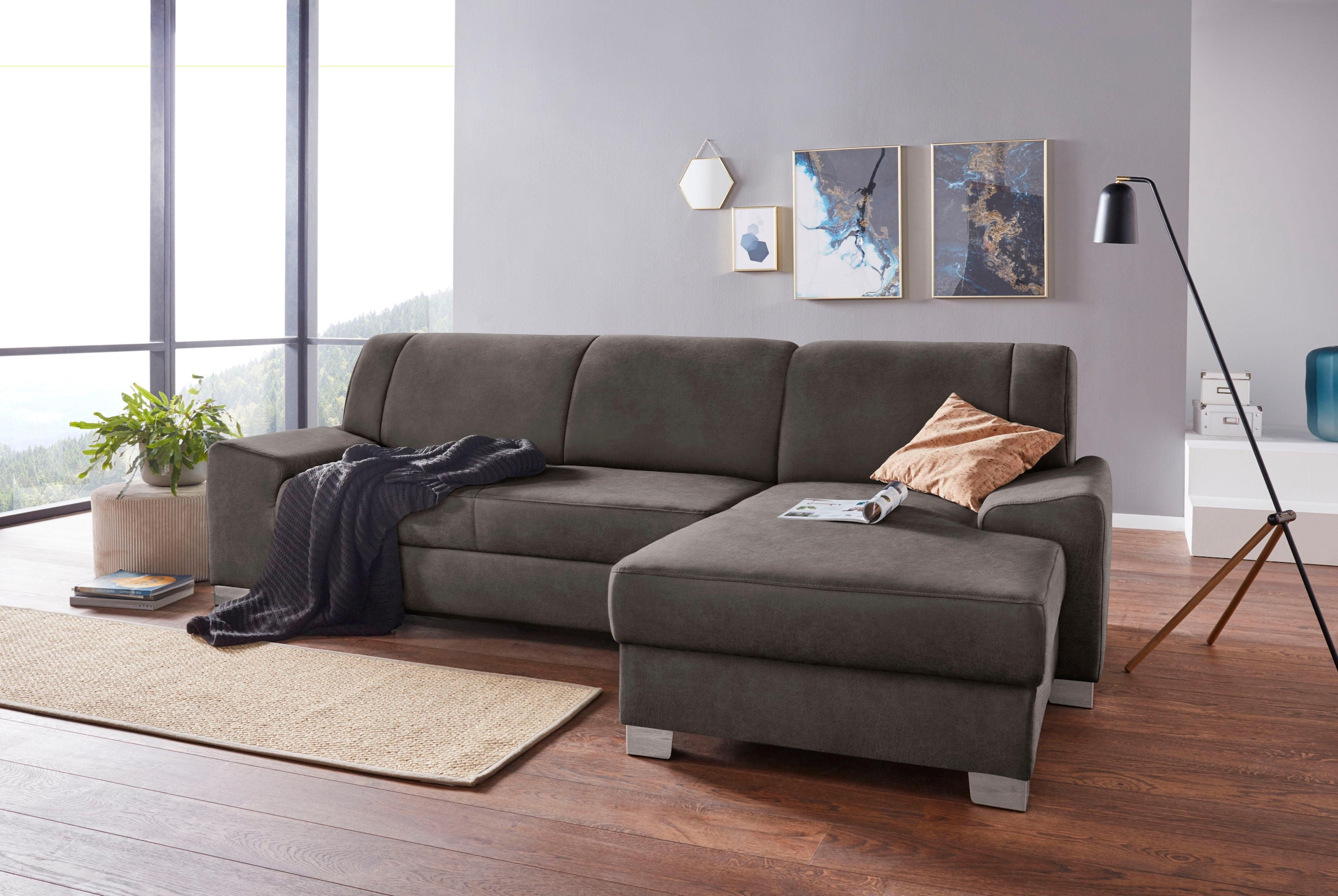 DOMO collection Ecksofa "Anzio L-Form, whlw. Bettfunktion, Federkern, hochwertig, Breite 271 cm" Ohne Bettfunktion, Recamiere rechts, Luxus-Microfaser, dunkelgrau
