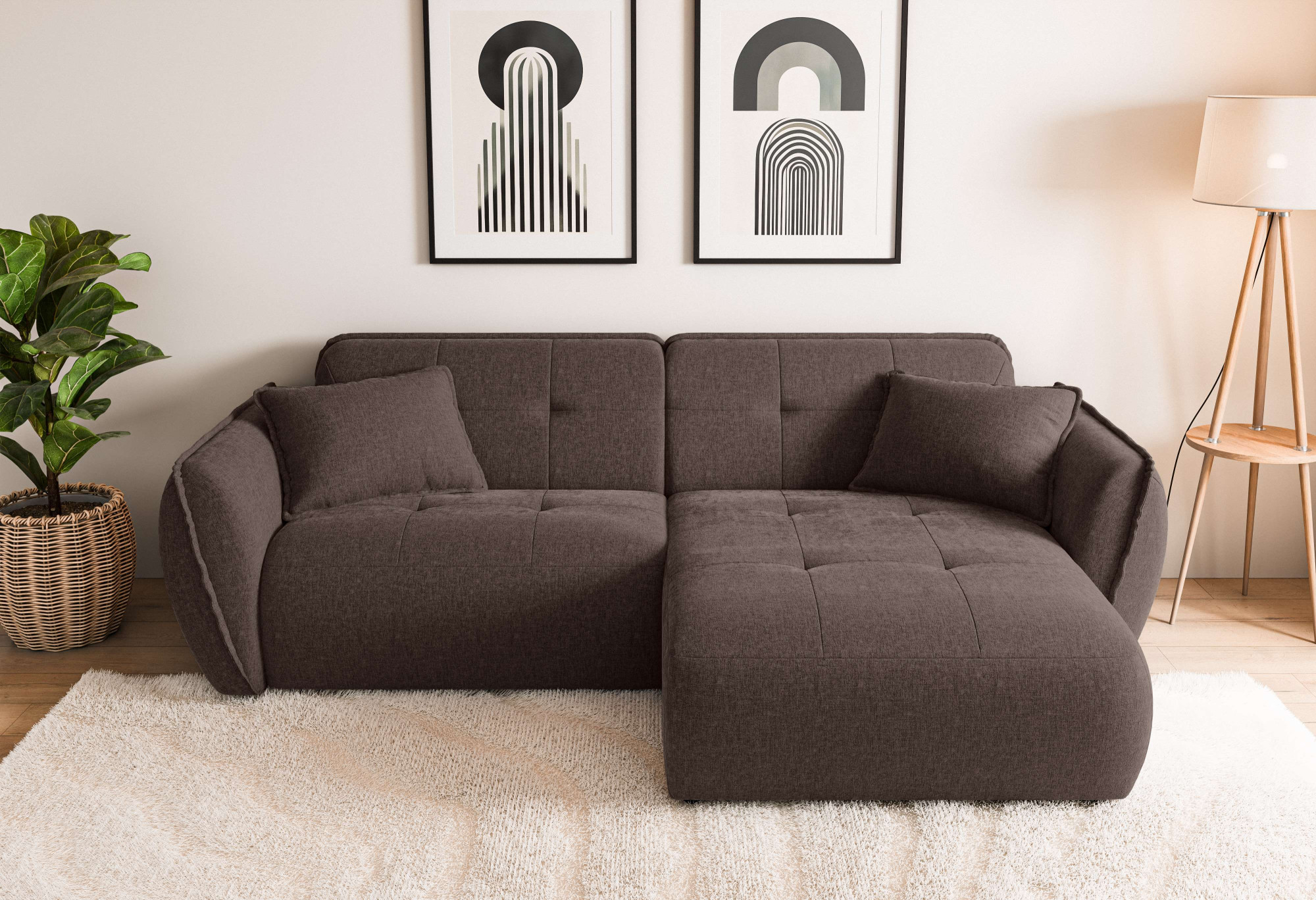 Home affaire Ecksofa "MIRELDA L-Form mit Steppungen, Recamiere rechts/links, Breite 253 cm" Sitztiefe 62 cm, elegant und bequem, 2 Zierkissen, belastbar bis 480kg