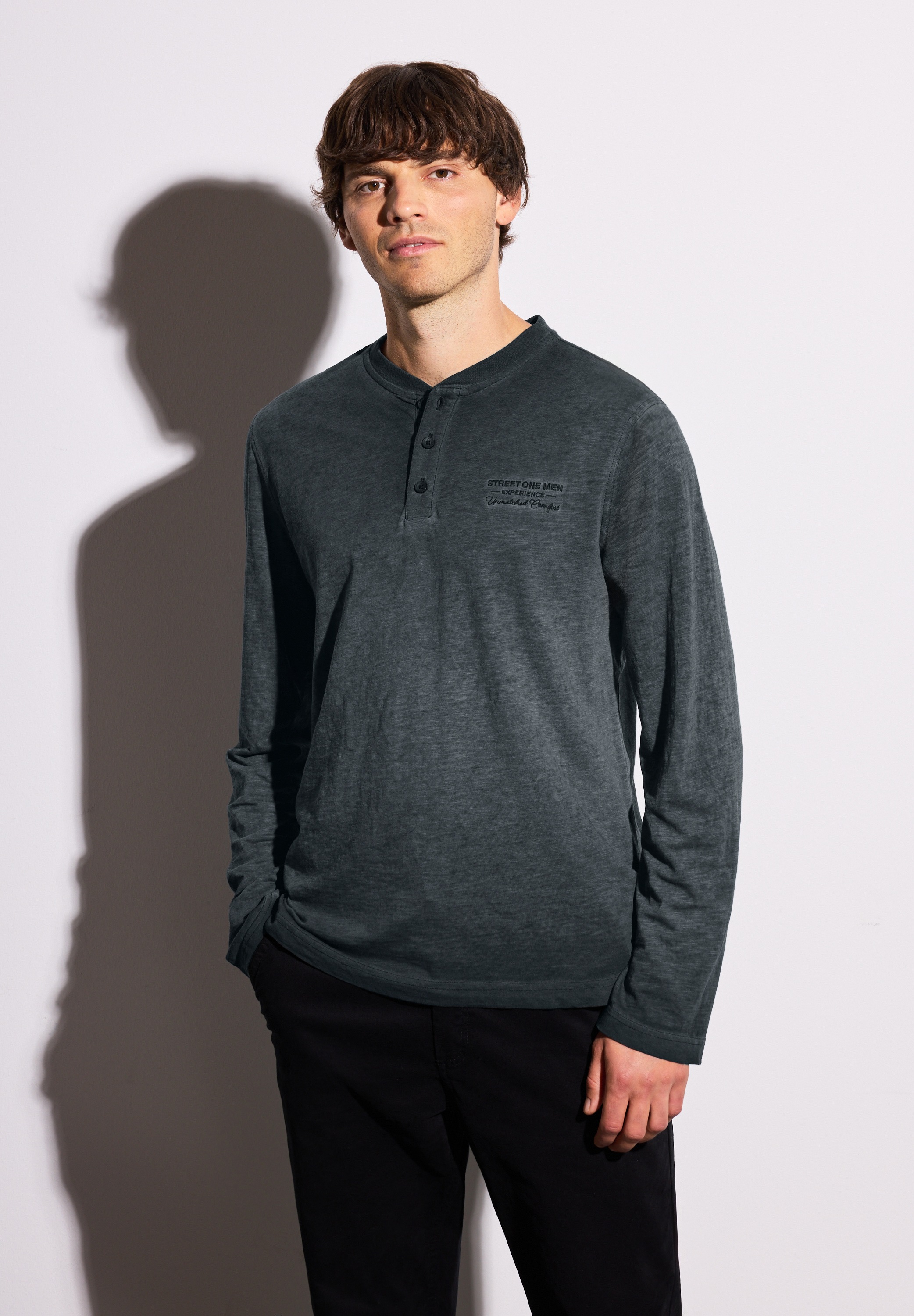 Langarmshirt STREET ONE MEN, Herren, Gr. XL (44), basic schwarz, Web, 100% Baumwolle, unifarben, comfort fit normal, Rundhals, abgesteppt, Shirts Langarmshirt, aus reiner Baumwolle