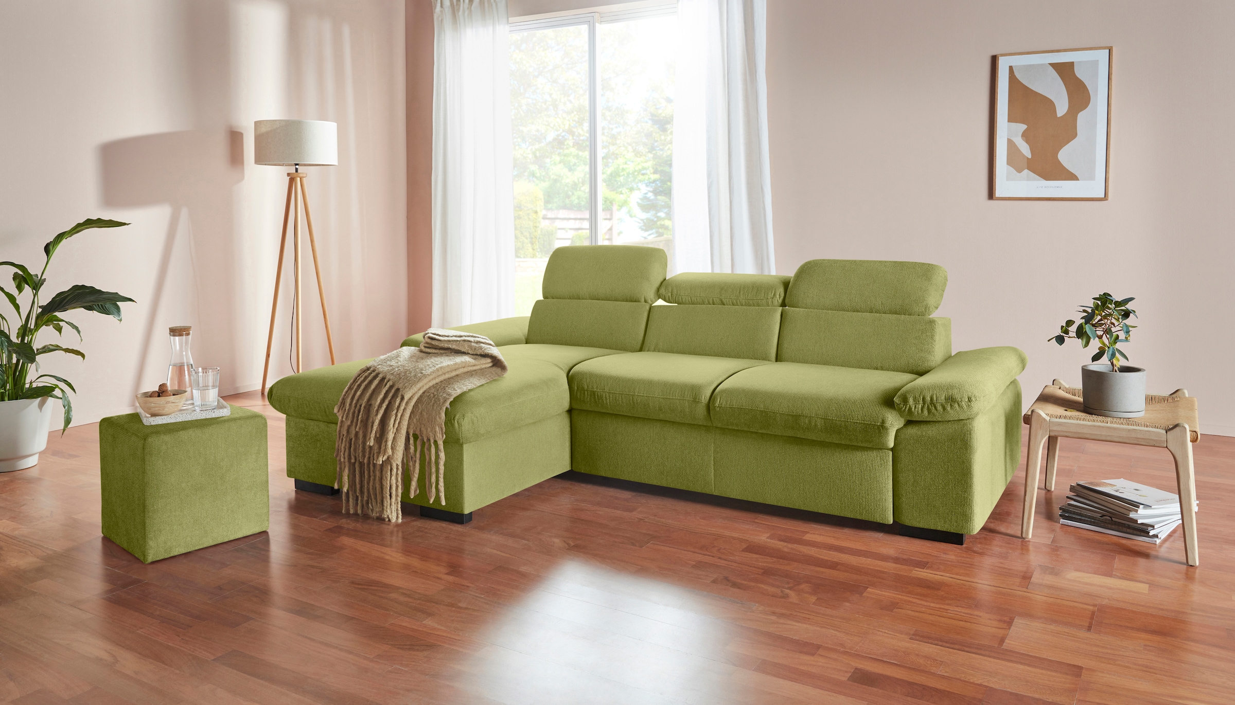 COTTA Ecksofa »Lola L-Form mit Kopfteilfunktion & Hocker«, (Set, mit Hocker), wahlweise mit Bettfunktion, Bettkasten & Armteilverstellung