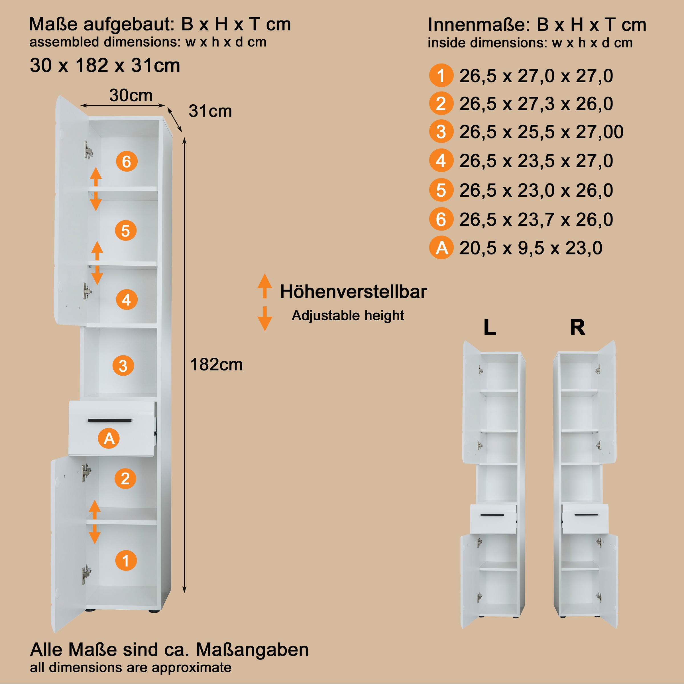 welltime Hochschrank »Sovana«, Badschrank mit einer Schublade und 5 Fächern - (B/T/H) 30/31/182 cm
