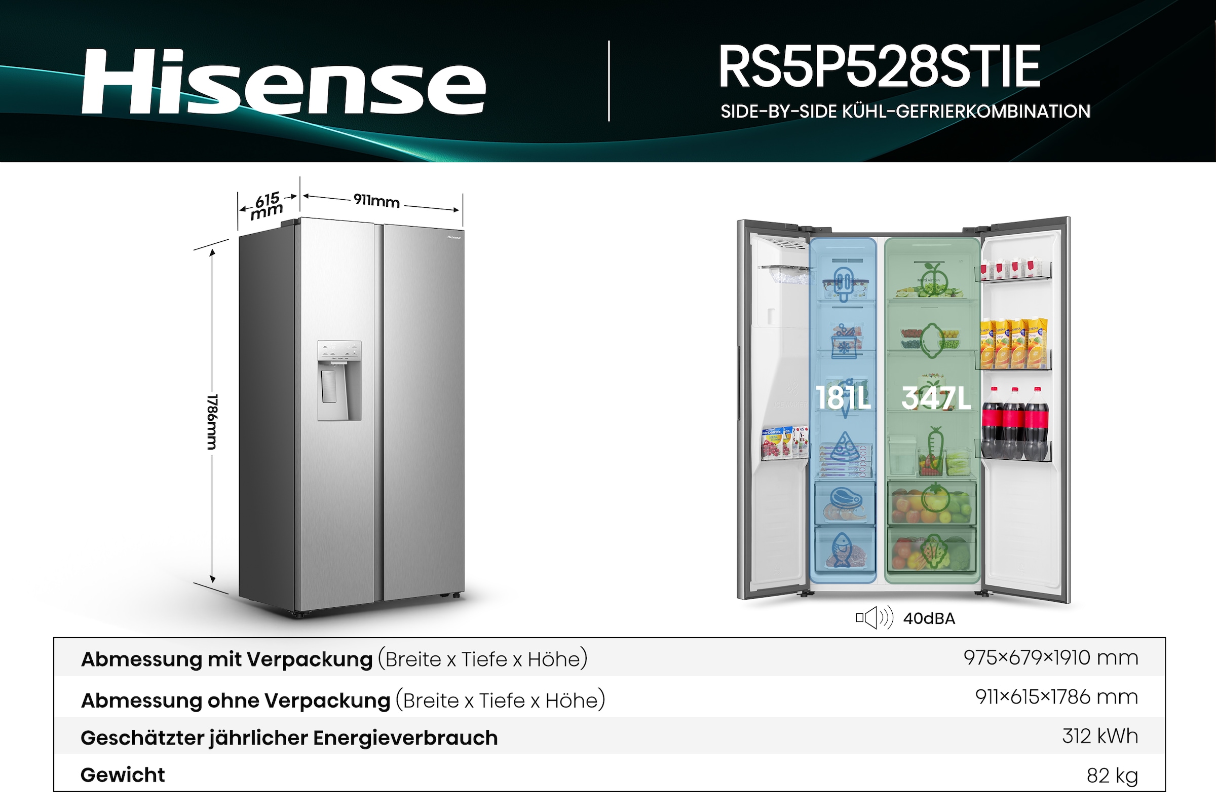 Hisense Side-by-Side »RS5P528STIE« 178,6 cm hoch 91,1 cm breit Wasser-& Eisspender