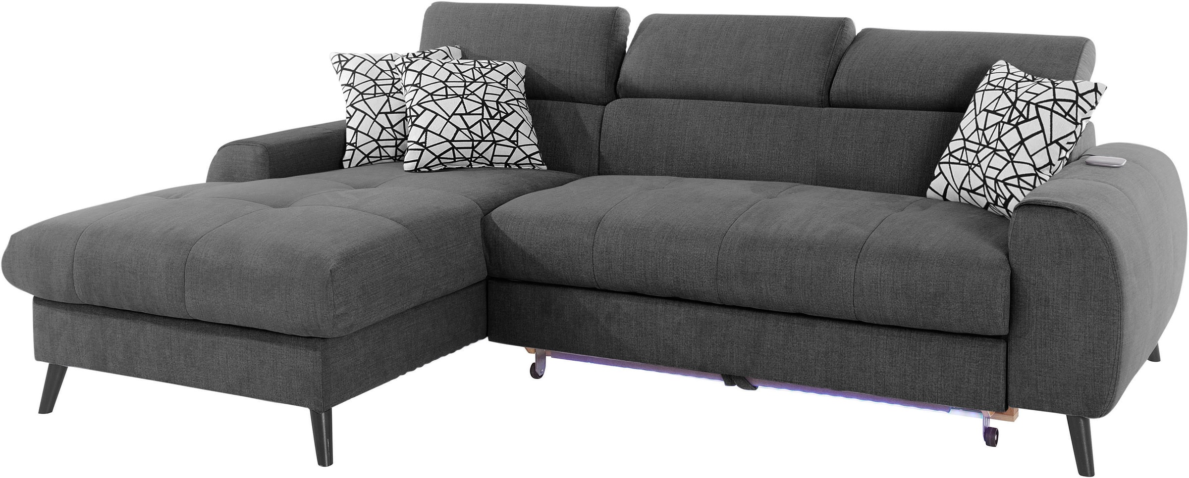 COTTA Ecksofa »Mia L-Form mit 3 Zierkissen«, wahlweise mit Bettfunktion, Bettkasten, Beleuchtung & Wireless-Charger