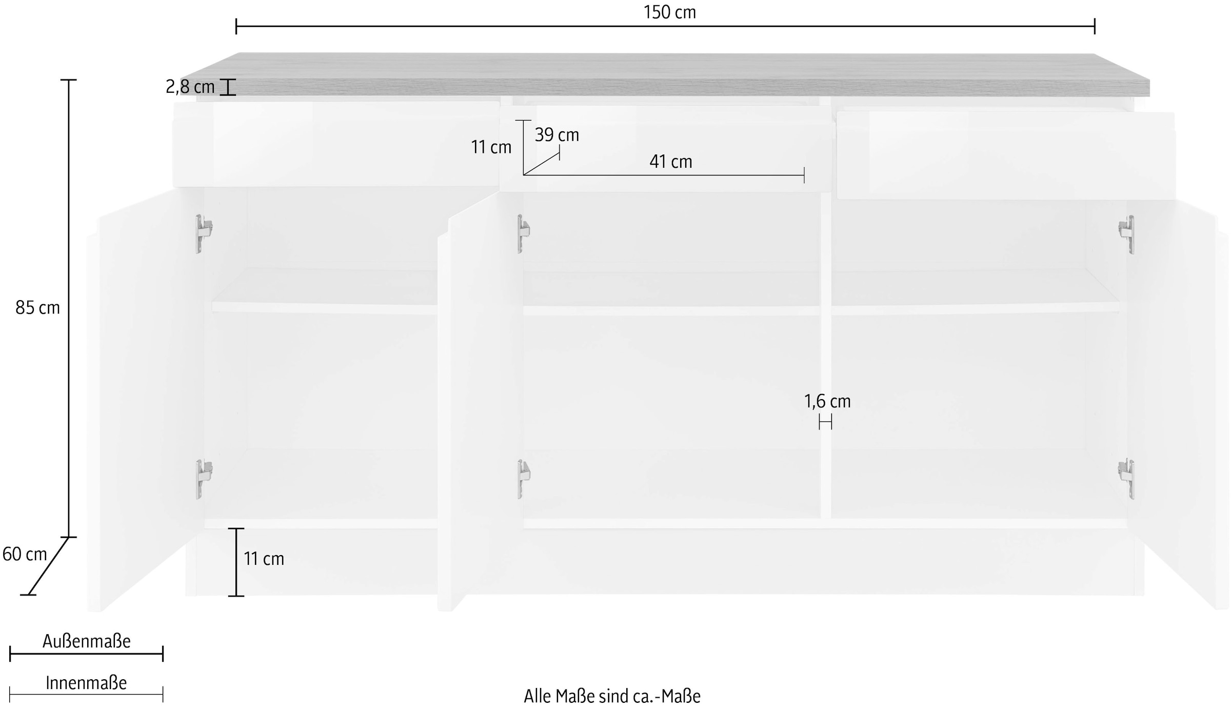 HELD MÖBEL Unterschrank »Virginia«, 85 cm hoch, 150 cm breit, 3 Schubladen, 3 Türen, griffloses Design