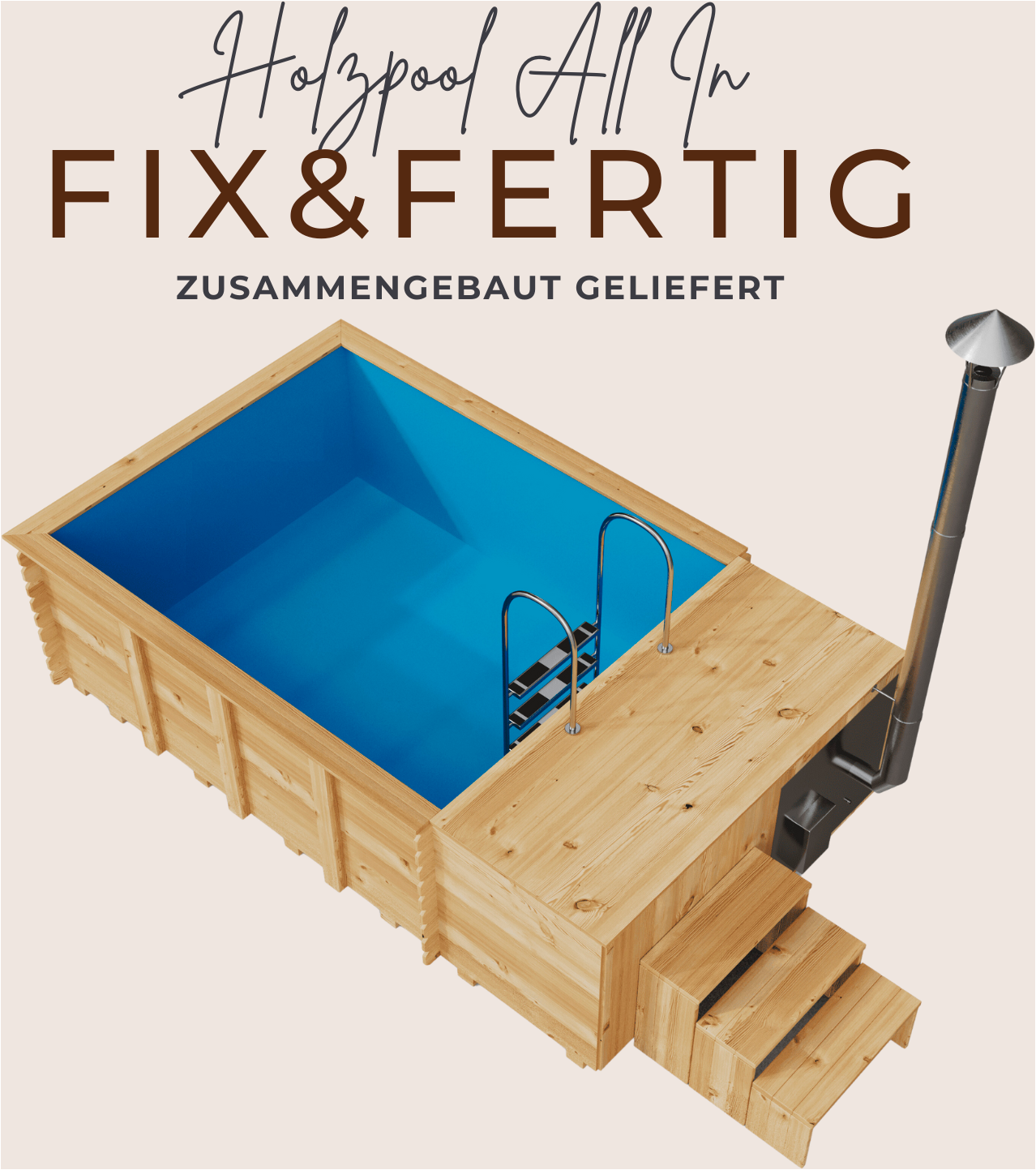 EDEN Holzmanufaktur Rechteckpool »Fix&Fertig All In«, (Set, 6 tlg.), inkl. Dämmung, Sandfilter, Skimmer, LED, Holzofen