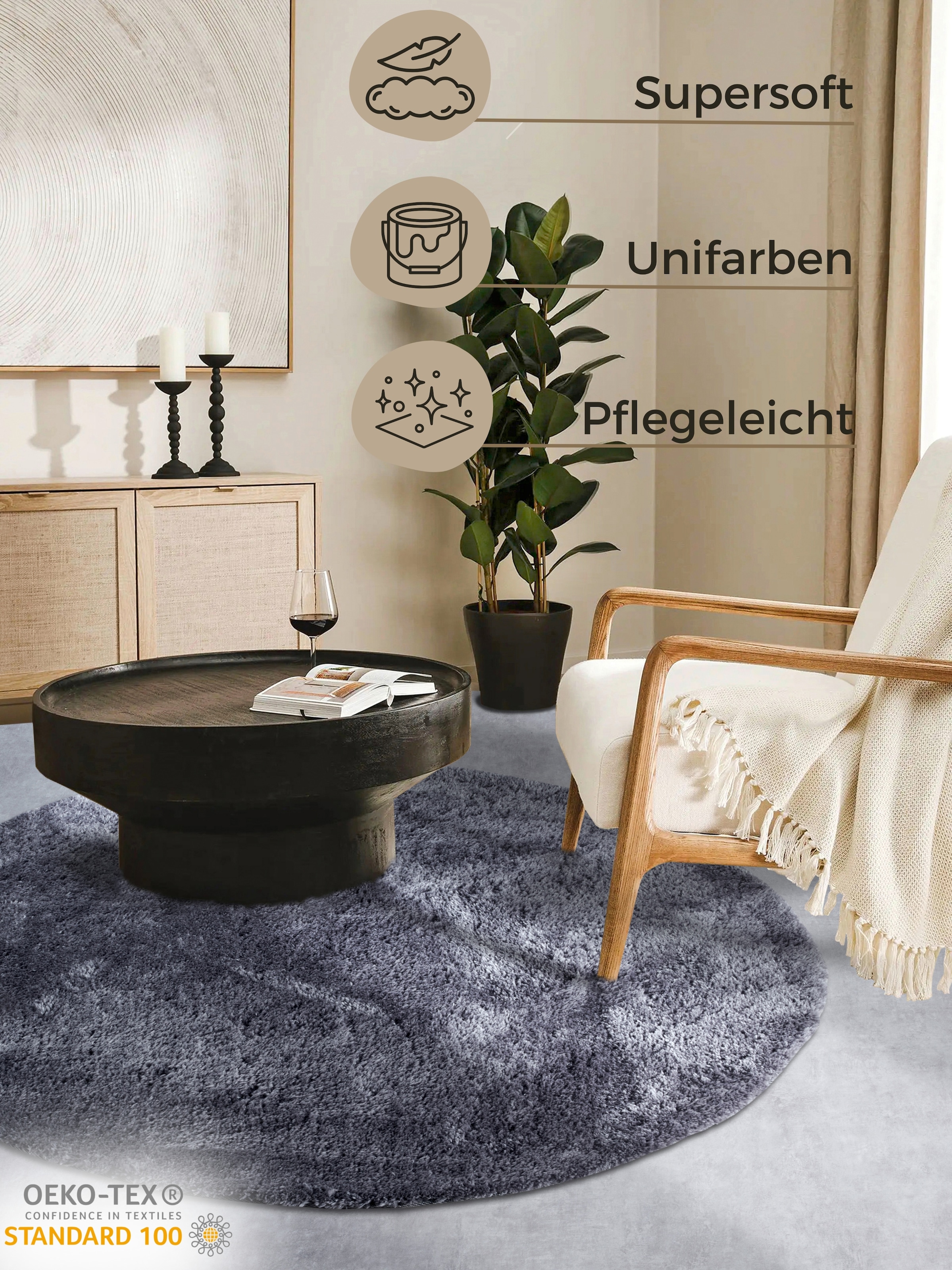 HANSE Home Hochflor-Teppich »Olaf«, rund, 38 mm Höhe, Langflor, Shaggy, einfarbig, flauschig, weich, glänzend, modern, uni