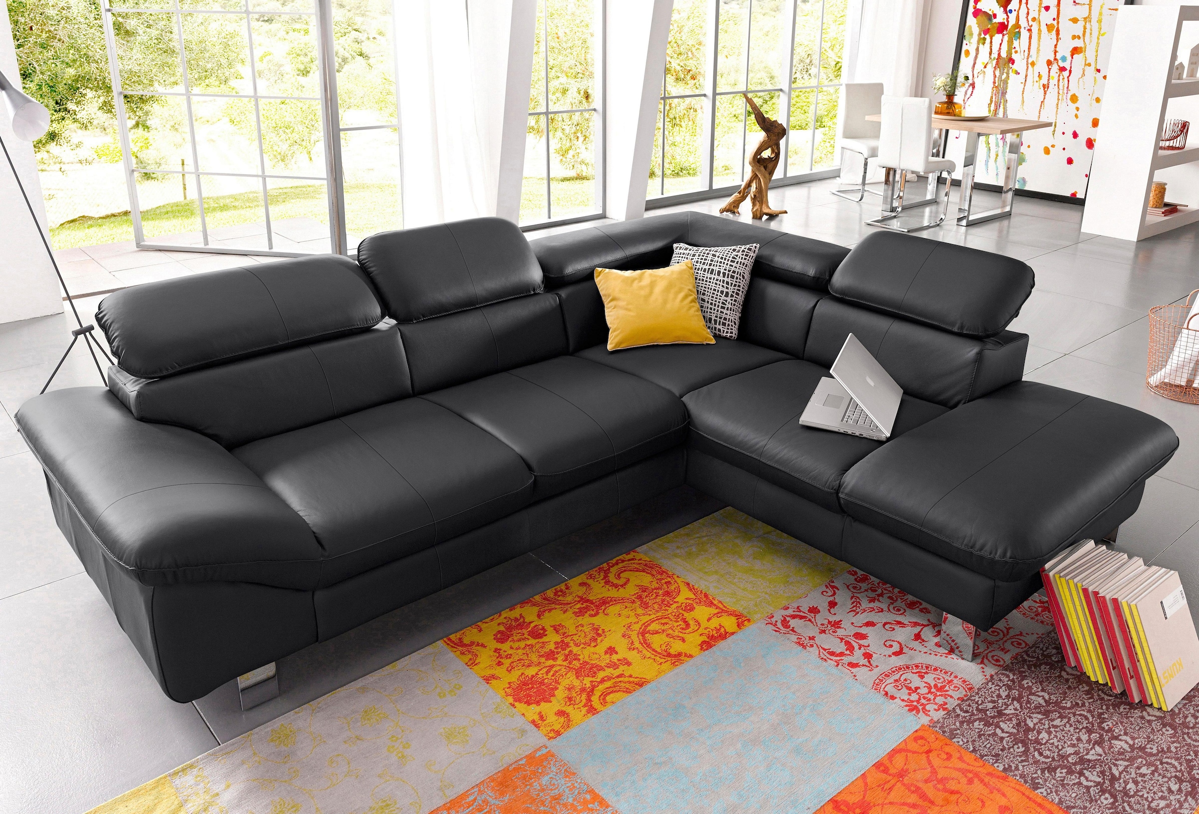 COTTA Ecksofa "Driver L-Form, B: 265 cm, moderne Couch mit Wellenunterfederung, Leder" inkl. 3x Kopfteilverstellung, optional mit Schlaffunktion + Stauraum