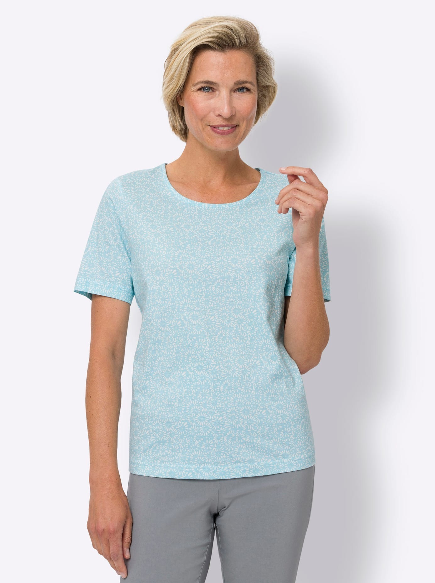 Kurzarmshirt CLASSIC BASICS "Kurzarm-Shirt", Damen, Gr. 50, beige (ecru, aquamarin, bedruckt), 100% Baumwolle, bedruckt, gemustert, Rundhals, Shirts