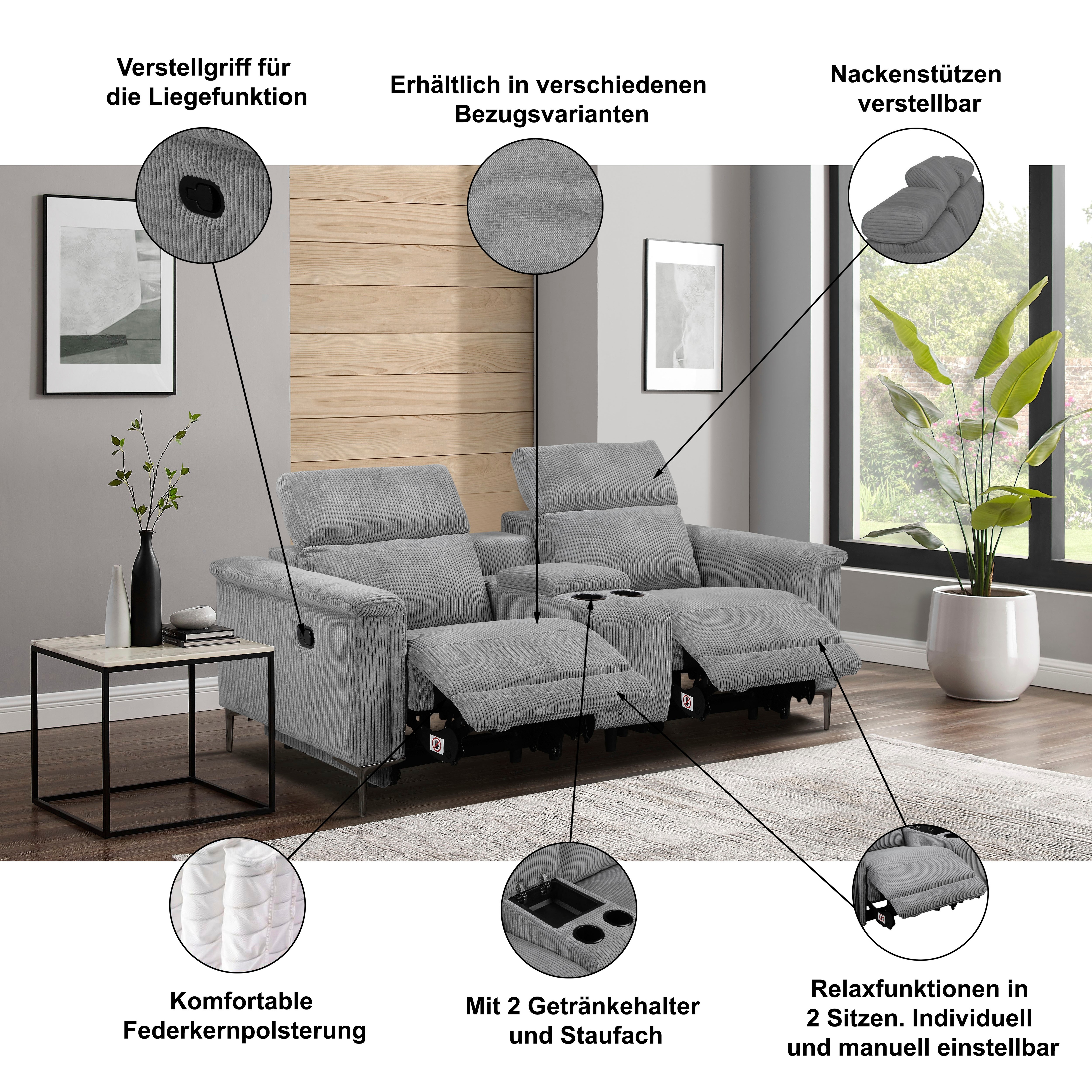Thumbnail - Home affaire 2-Sitzer "Lund in Cord, 2er-Kinosofa, TV-Sessel, Multimedia-Sofa, USB-A," m. elektrischer o. manueller Rela...