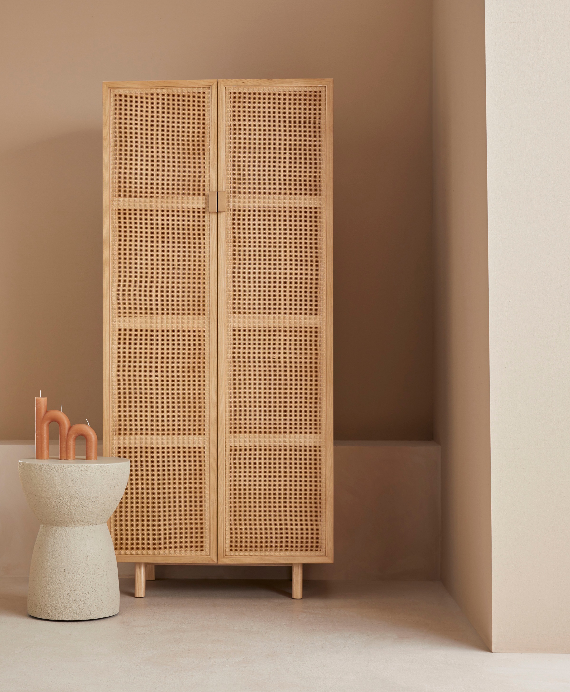 LeGer Home by Lena Gercke Highboard "Lina" Mit Rattan Einsatz, 4 Innenfächer, teilmassiv