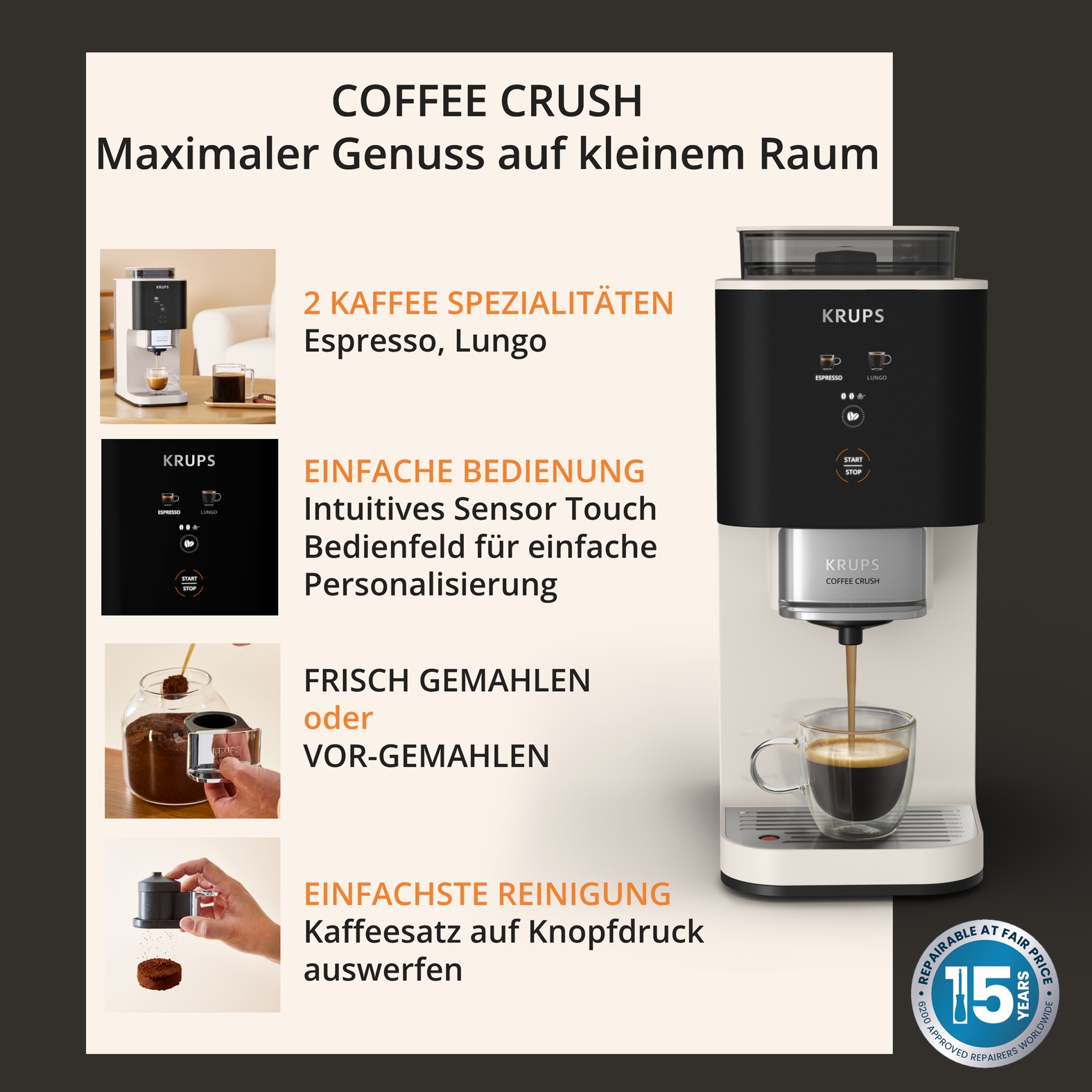 Krups Kaffeevollautomat »Coffee Crush SA4001 für Espresso & Lungo, platzsparend mit 15 cm Breite« frisch gemahlene Bohnen oder vor-gemahlen, einfache Reinigung,