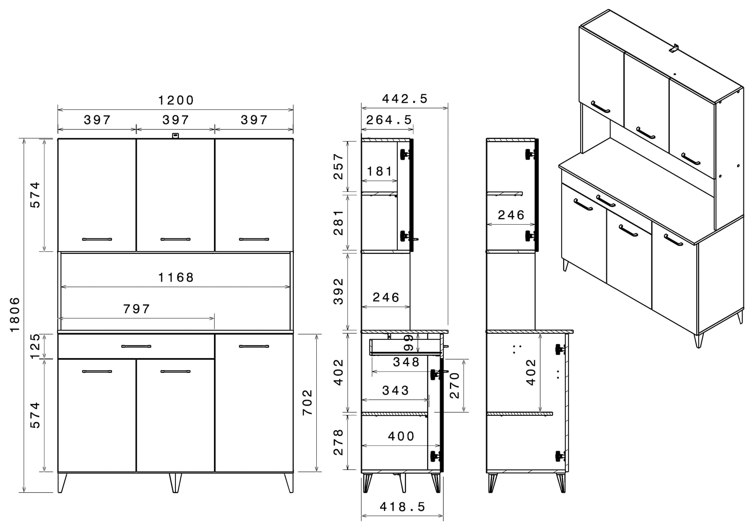 Parisot Schrank-Set »Parisot Malice 2«, (2 St., Buffet und Beistellschrank auf Rollen), Beton Optik mit schwarzen Griffen/Füßen