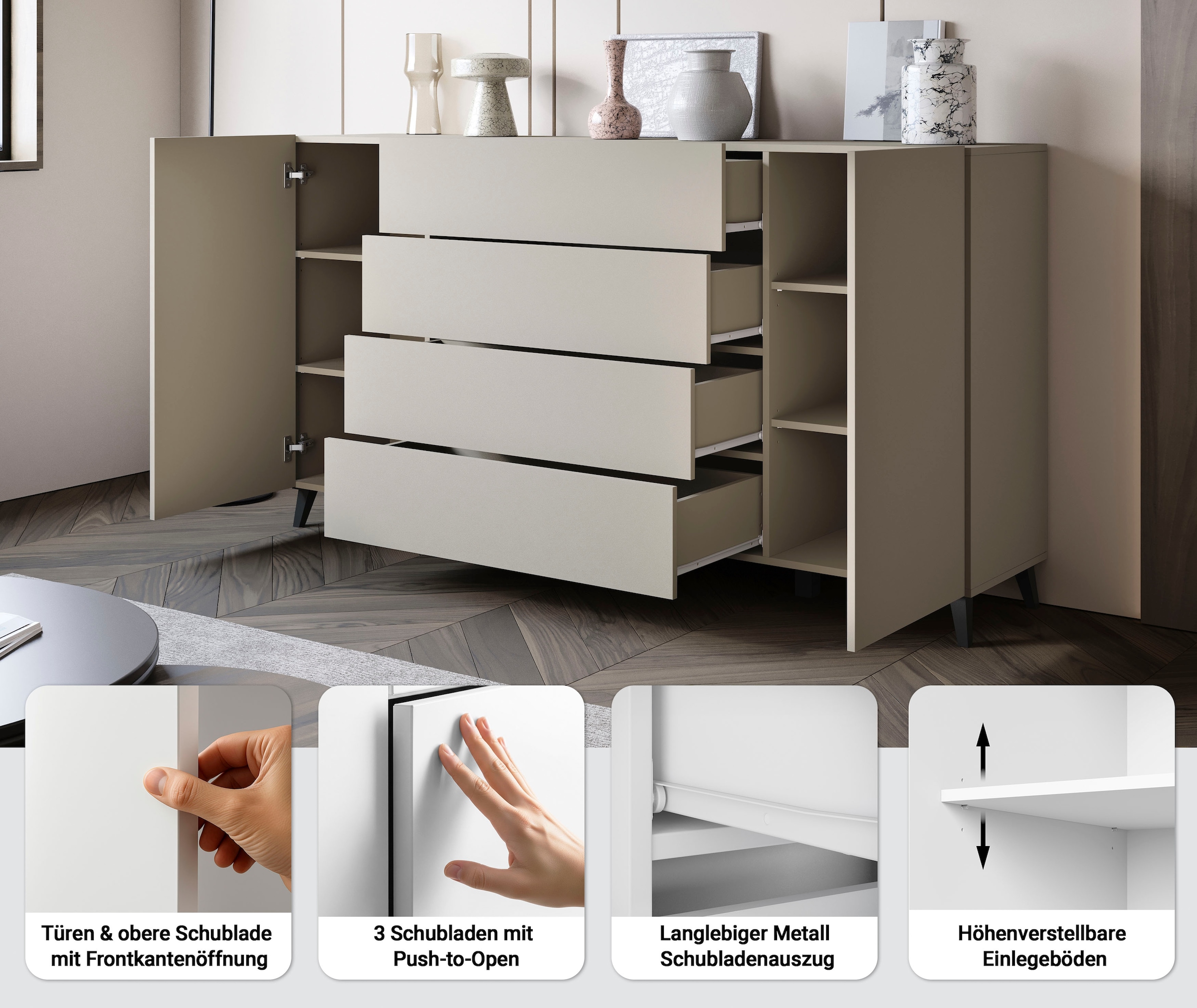 Home affaire Sideboard »Phuket 180 cm breit, modernes Design mit Stauraum« 1 Stk. tlg. Kommode mit 2 Türen, 4 Schubladen und verstellbaren Einlegeböden