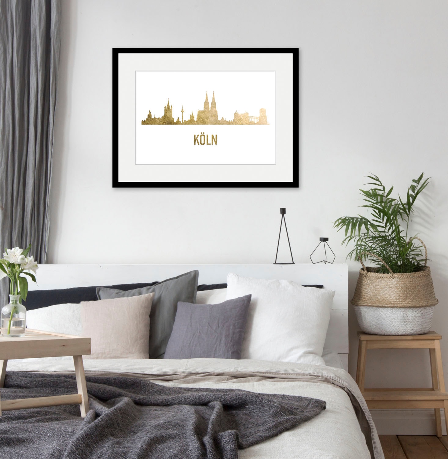 queence Bild »Köln Skyline GOLD«, Städte-Schriftzug-Deutschland-Stadt-Köln, (1 St.), HD Premium Poster-Druck inkl. Holzrahmen