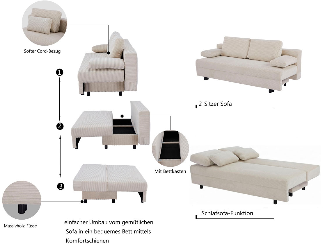 OTTO home Schlafsofa »ONNIKO Cord, Breite: 192 cm, Liegefläche 121x192 cm, softer Cord-Bezug« mit Bettfunktion & Bettkasten