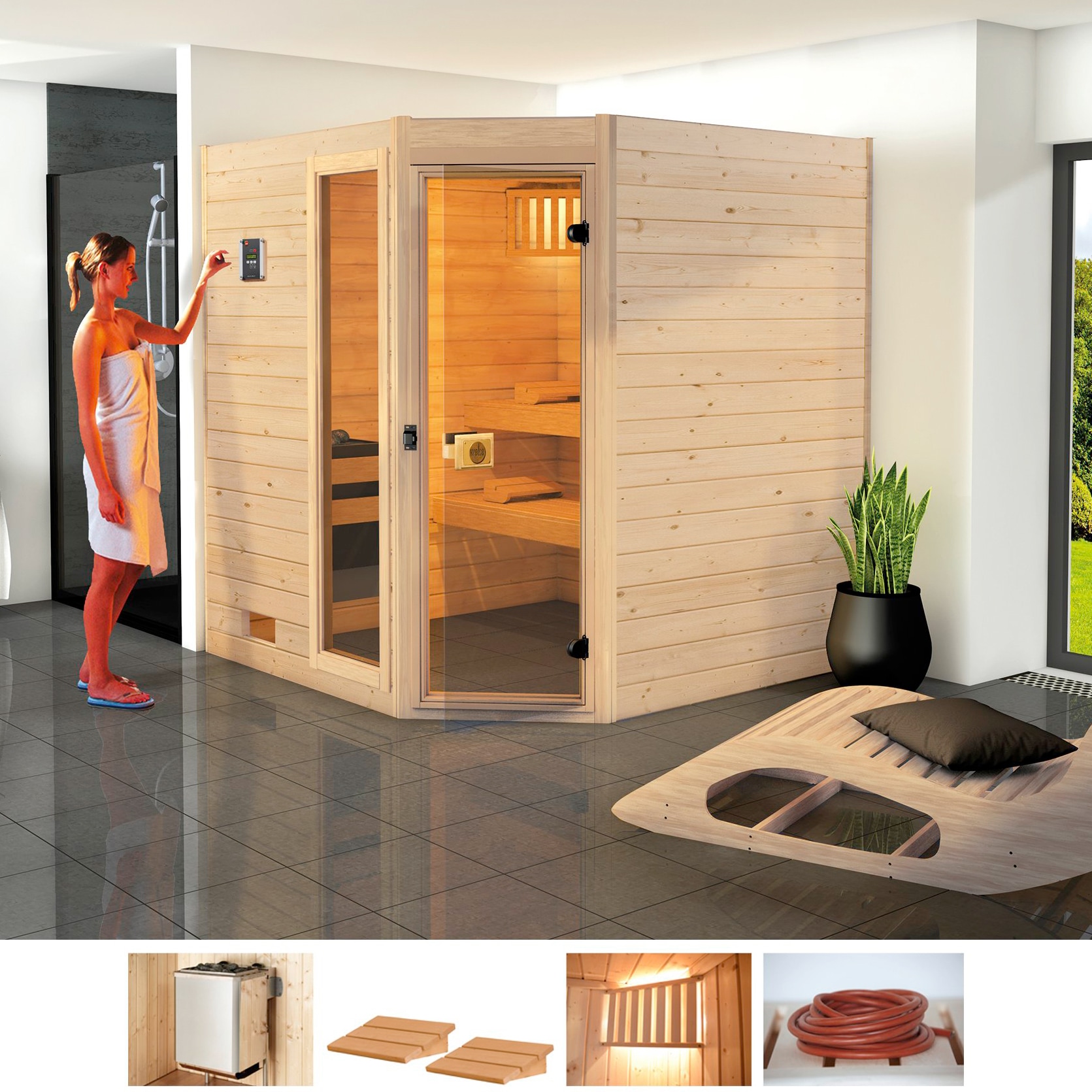 Sauna »L_ars Trend Eck 2«, 9 kW Ofen mit int. Steuerung