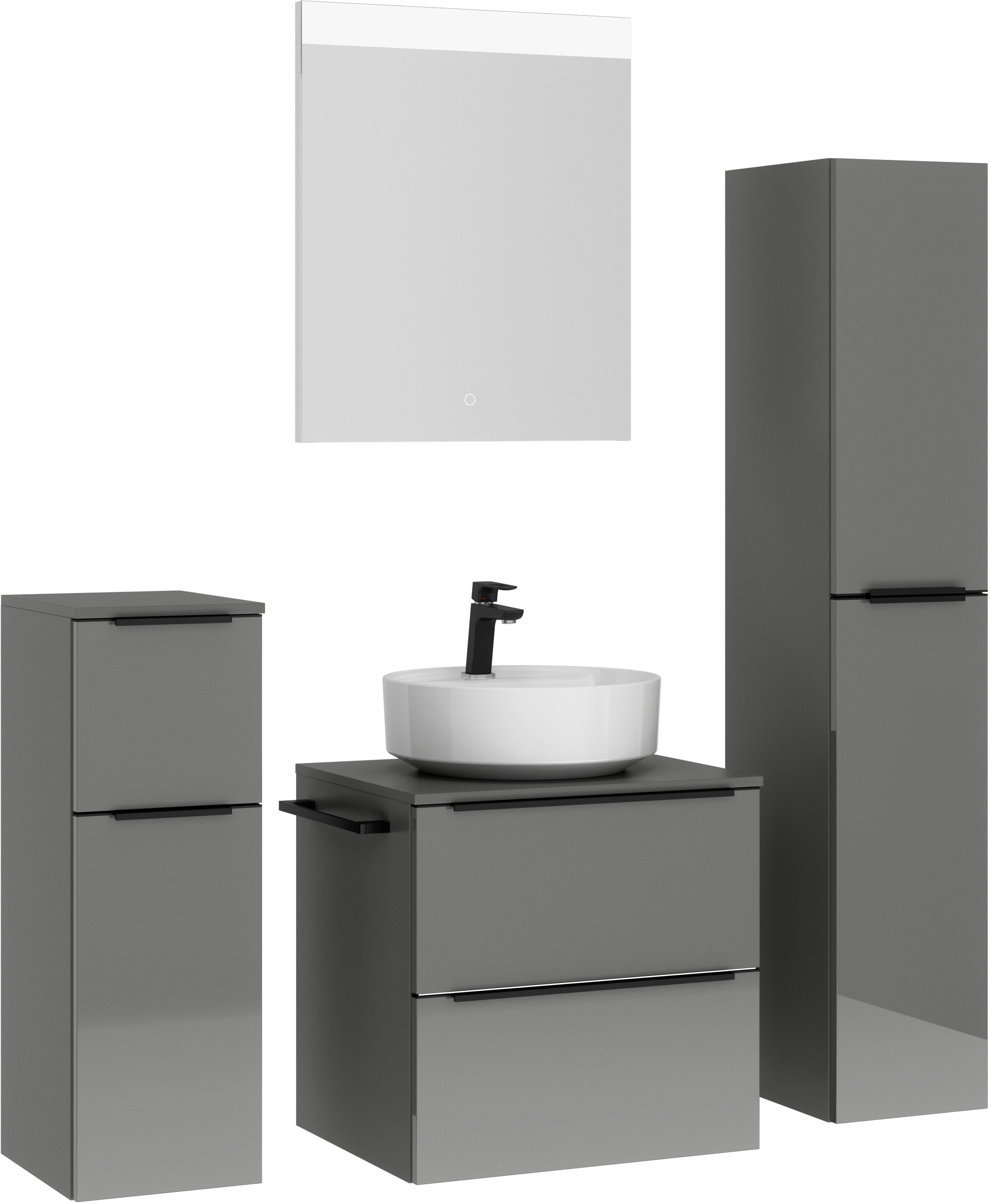 nobilia® Badmöbel-Set »Alvene«, (4 St., vormontiert, mit Soft-Close), Hochglanz, inkl. Spiegel mit Touch-Sensor, in vier Breiten