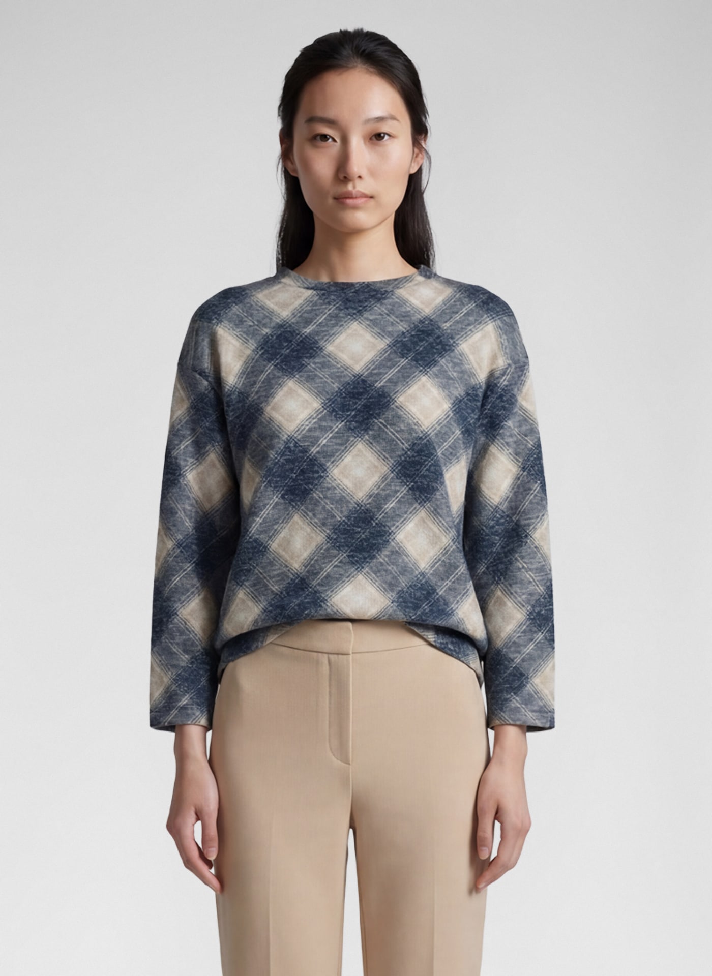 Rabe Langarmshirt im Karo-Look und mit Viskose/Stretch