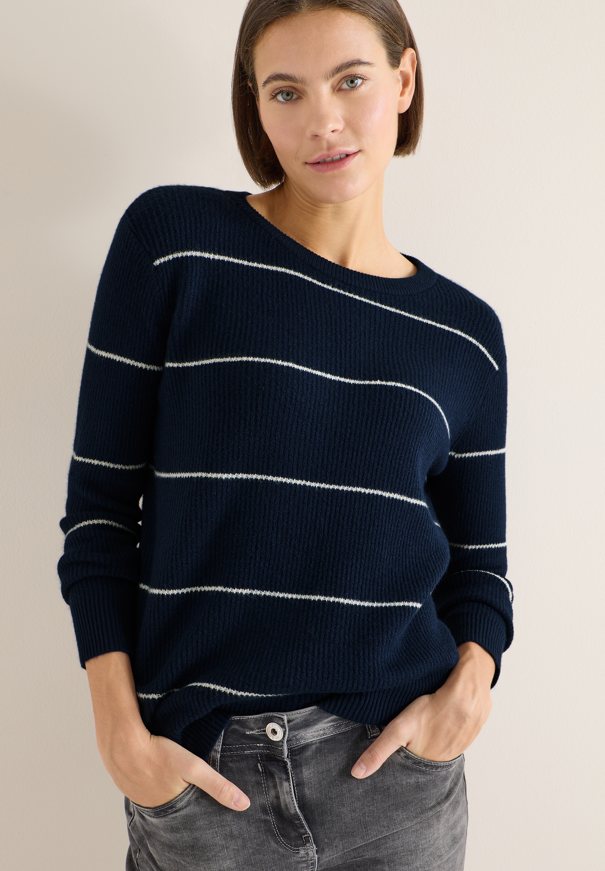Rundhalspullover CECIL, Damen, Gr. XXL (46), deep denim blau melange, Strick, Obermaterial: 37% Baumwolle, 34% Polyacryl, 26% Polyester, 3% Elasthan, normal, Rundhals, Rippstrickbündchen, Pullover Rundhalspullover, Pflegeleichter Materialmix