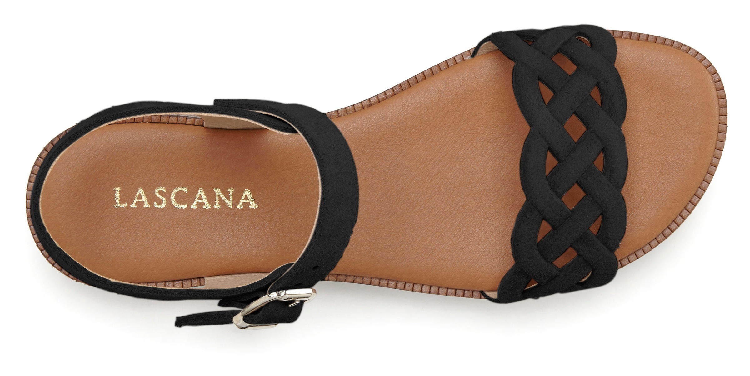 Sandale LASCANA "Sommerschuh", Damen, Gr. 39, schwarz, Obermaterial: 100% Rindsleder. Decksohle: 50% Lederimitat, 50% Polyester. Futter: 50% Lederimitat, 50% Polyester. Laufsohle: 100% Synthetik, Veloursleder, unifarben, Schuhe Sandale, Sandalette, Sommer 2