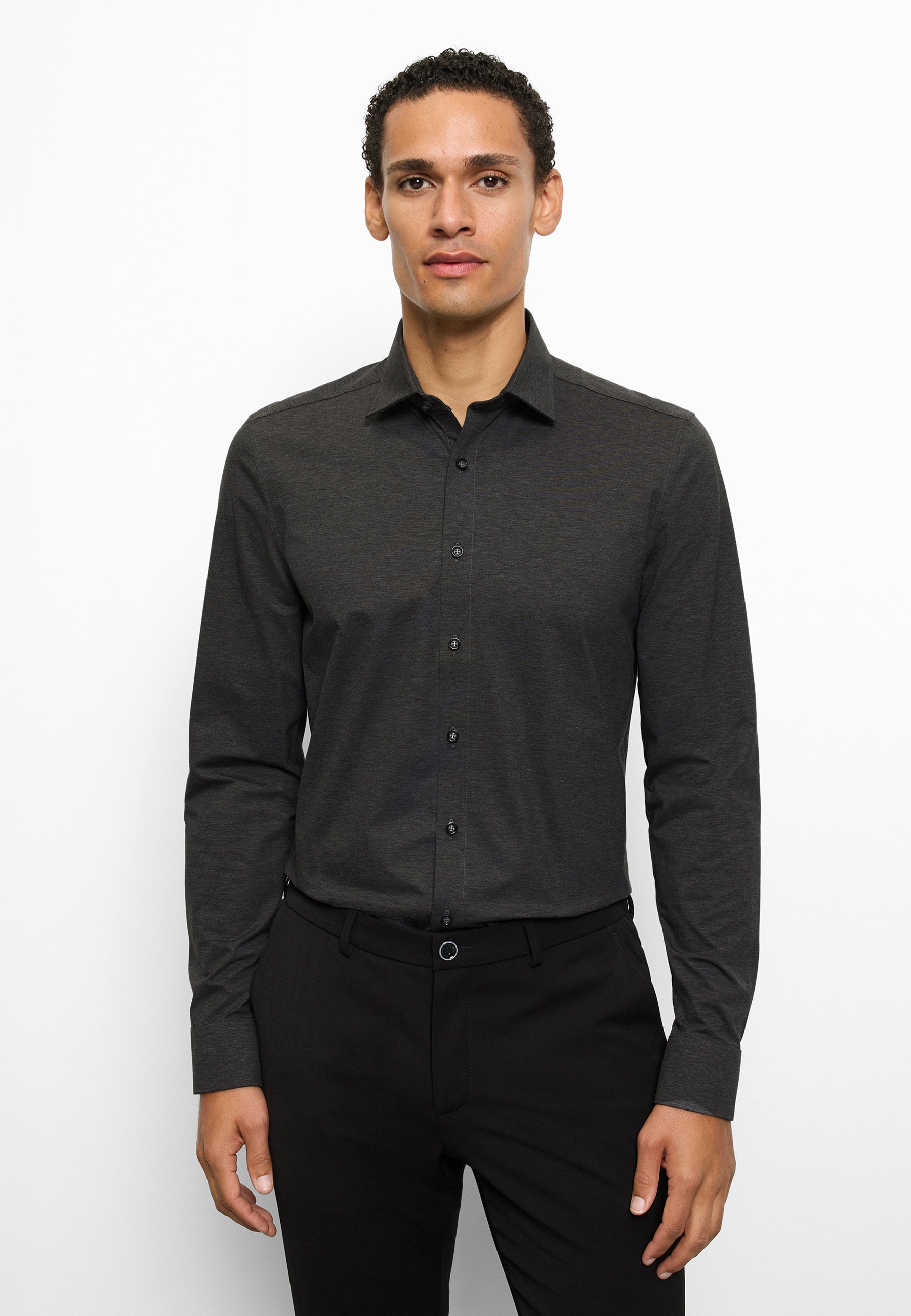 Businesshemd OLYMP "Level Five body fit Jerseyshirt", Herren, Gr. 38, N-Gr, grau (anthrazit), Web, Obermaterial: 92% Baumwolle, 8% Elasthan, schmal, Hemden, in Jersey Qualität