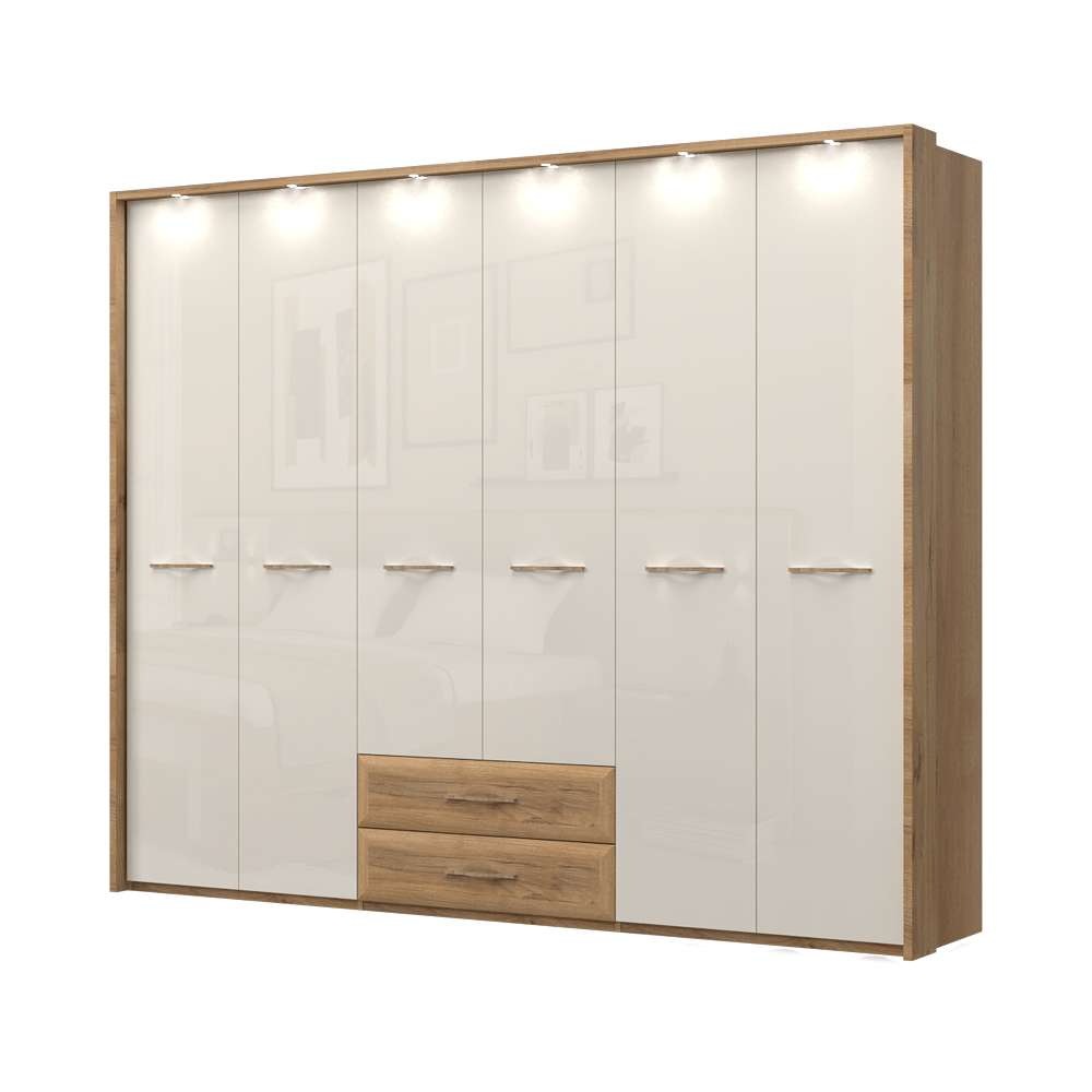 Home affaire Kleiderschrank »Gala, beige hochglänzend UV lackiert, kratzfest, FSC-zertifiziert«, (abgerundete Schubladen aus MDF im Holzdekor, soft-close), mit Beleuchtung und Passpartourahmen, hoher Schrank (224cm), 4 Breiten