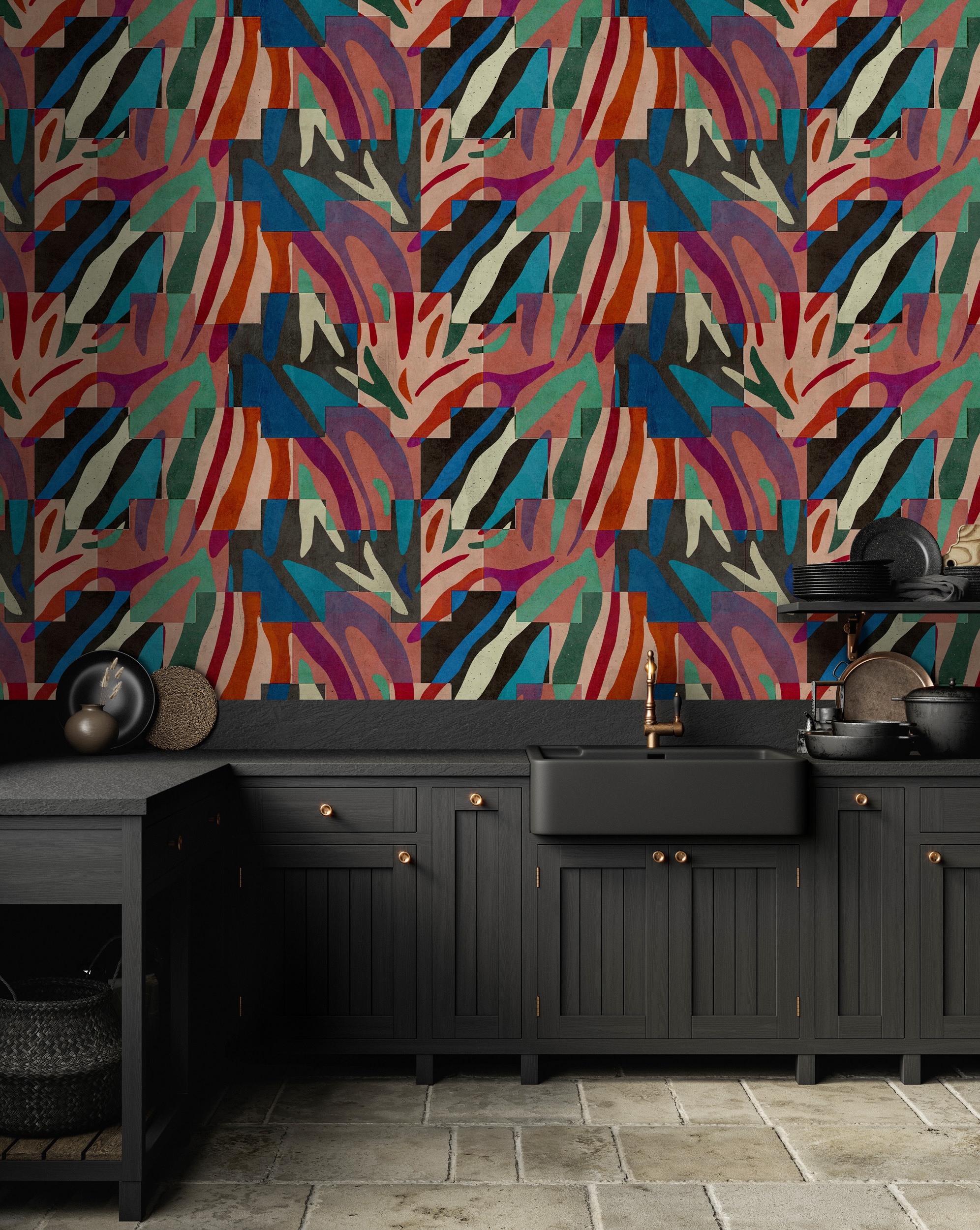 living walls Vliestapete "Abstrakte Mustertapete Bunt Schwarz Retro Vlies" matt glatt