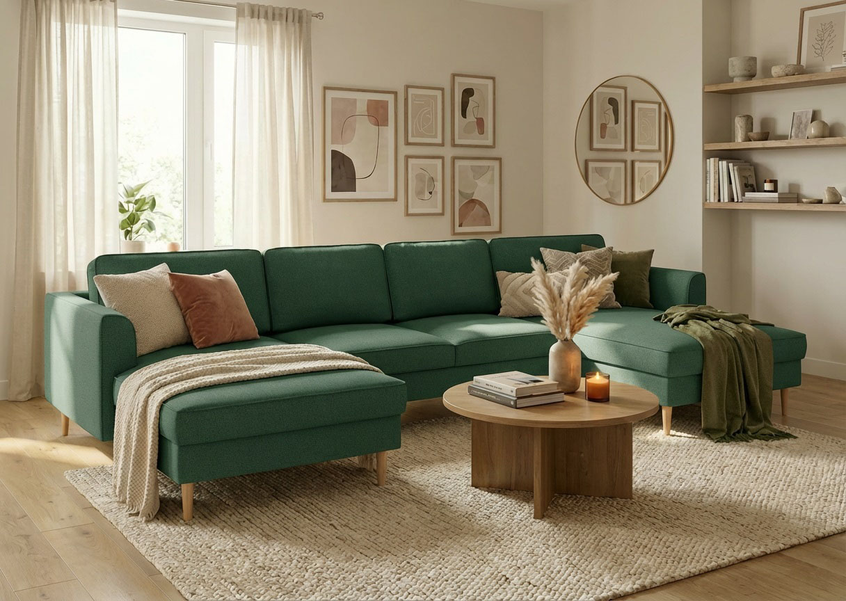 Home affaire "Booster, whlw. mit Schlaffunktion & Bettkasten, Fuß Buche lackiert" Sofa in U-Form, Breite 305 cm, in Cord oder Struktur
