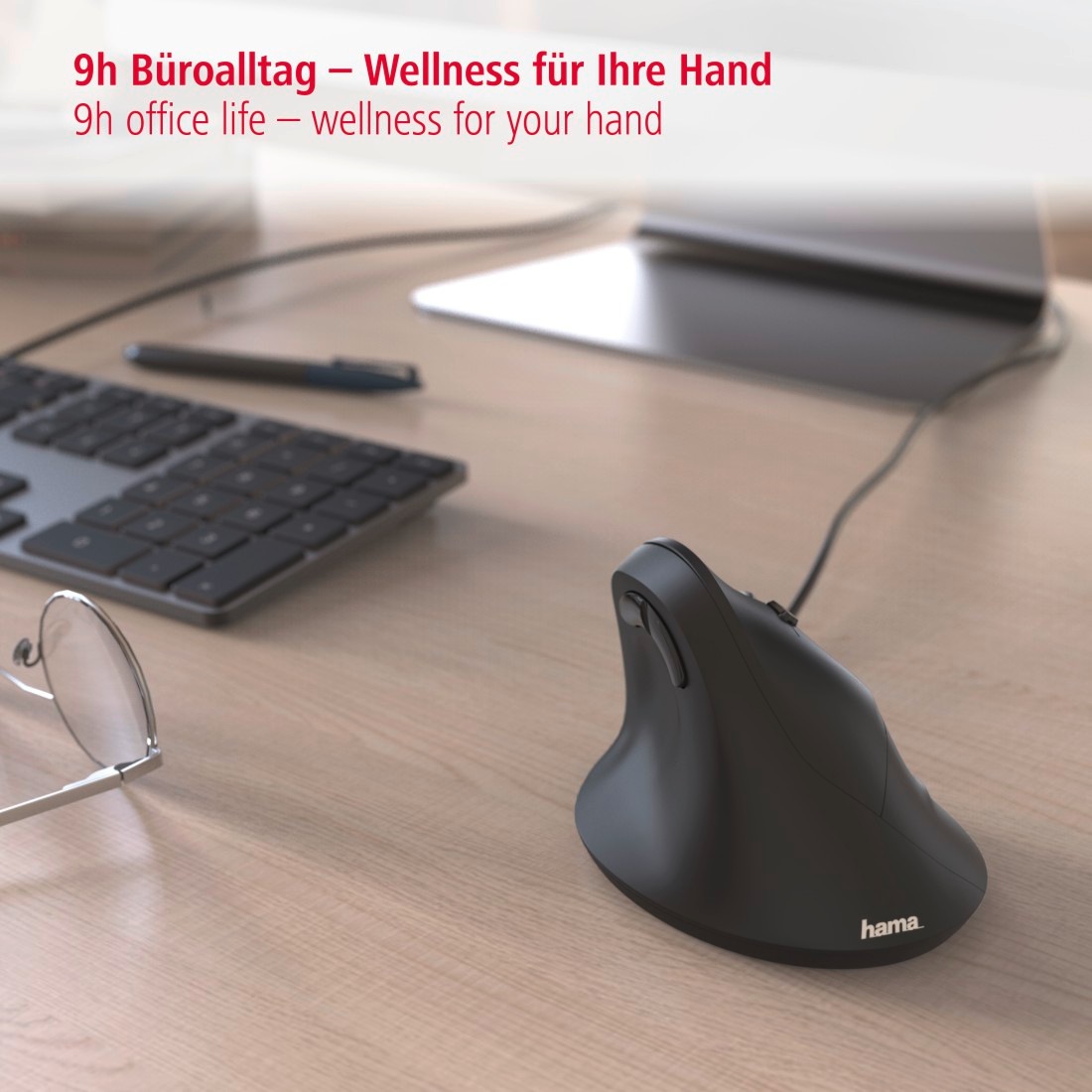 Hama ergonomische Maus »Ergonomische vertikale Maus für PC Laptop, mit Kabel, 1,8 m, Schwarz«, USB-kabelgebunden, Vorbeugung Tennisarm/Mausarm