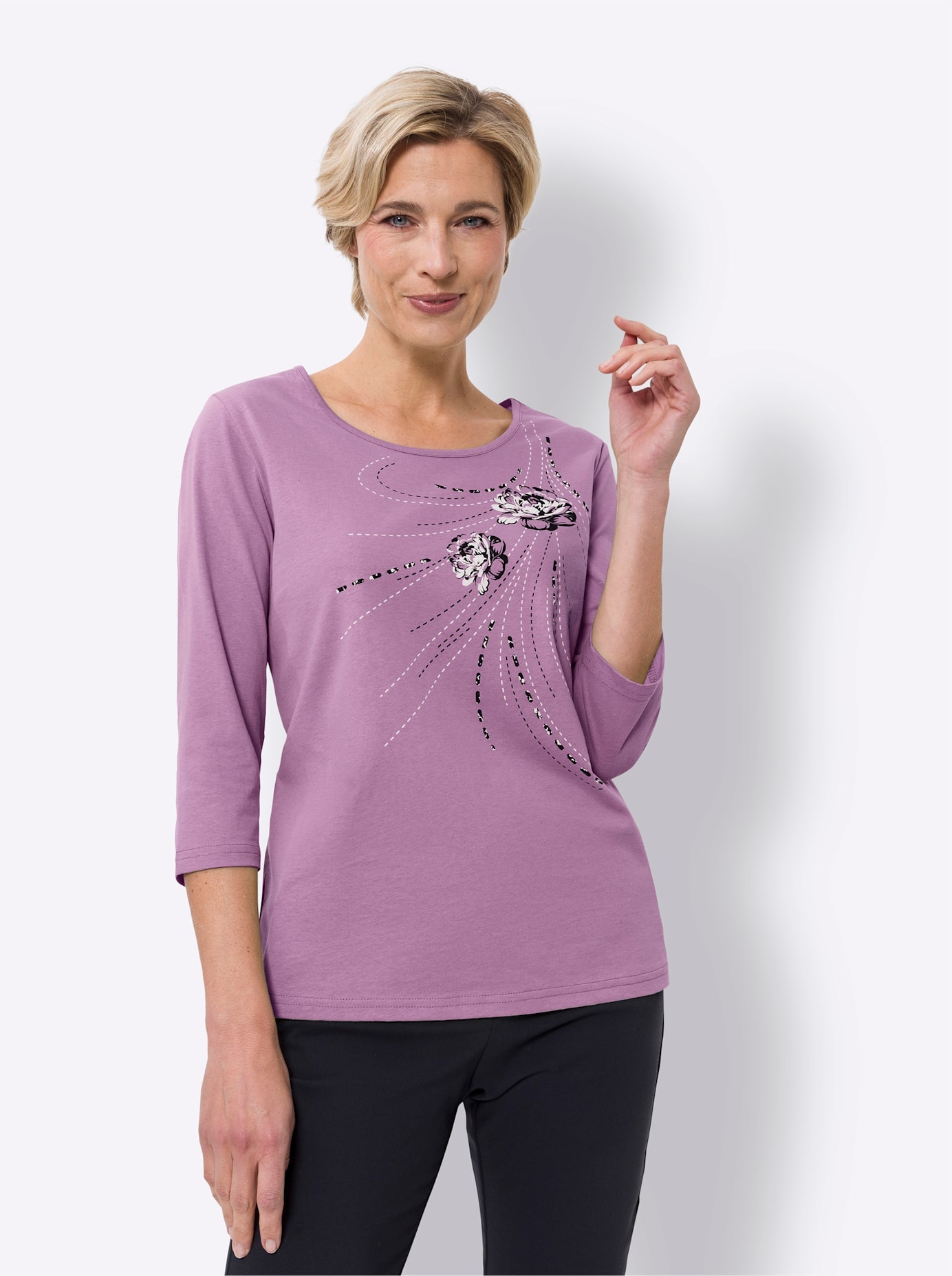 T-Shirt CLASSIC BASICS "3/4-Arm-Shirt", Damen, Gr. 52, lila (orchidee), 100% Baumwolle, bedruckt, geblümt, gemustert, mehrfarbig, Rundhals, Shirts T-Shirt