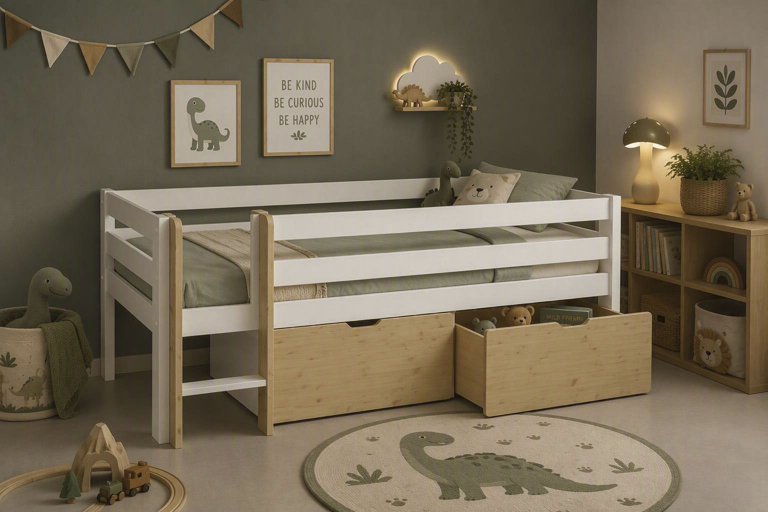 OTTO home Kinderbett "Tide, maximaler Stauraum durch Schubkästen, Massivholz" Kinderbett inklusive Lattenrost und 2 Bettkästen, 4 tlg. Hochbett mit Rausfallschutz, Made in EU