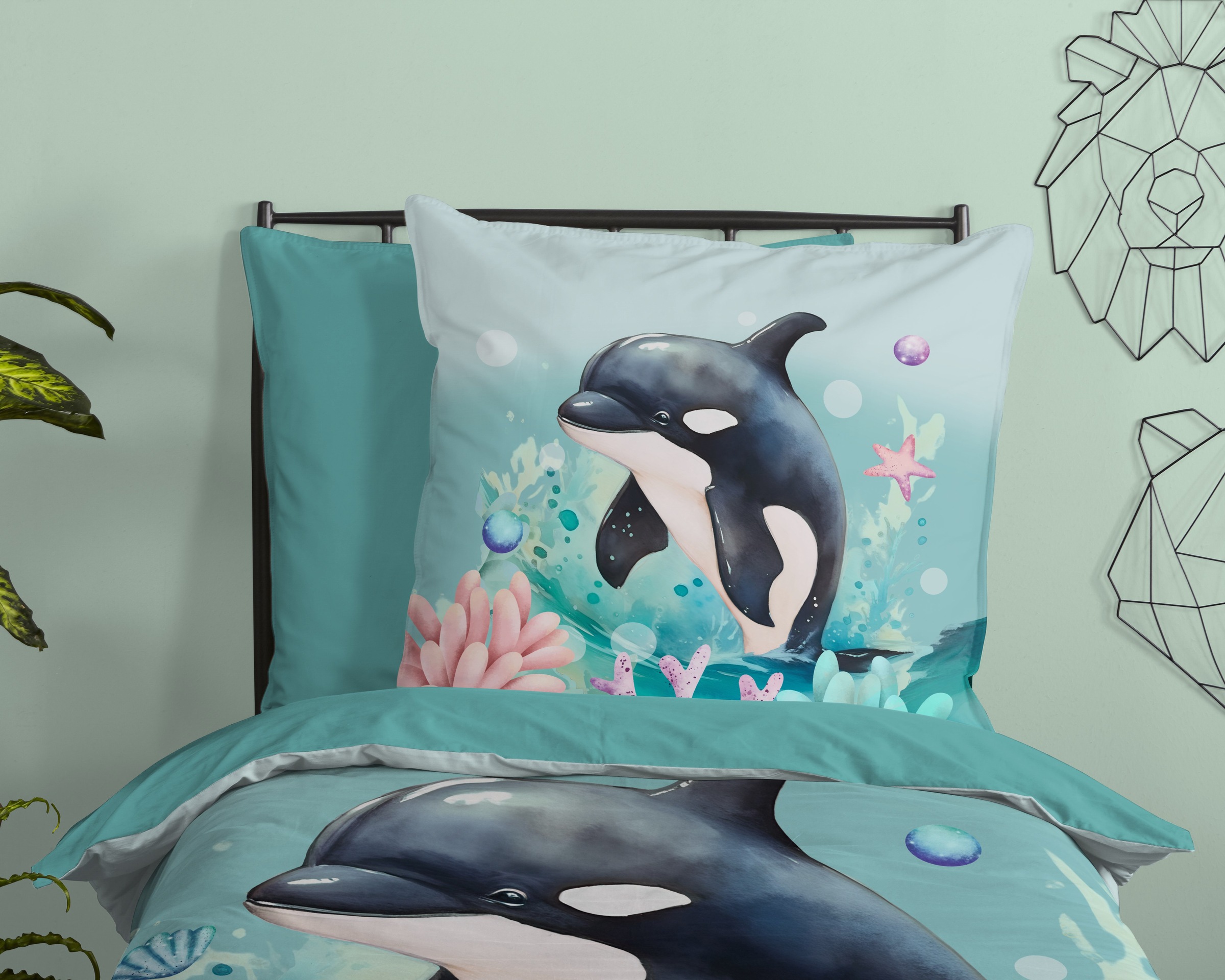PURE luxury collection Kinderbettwäsche »Splash«, Mikrofaser, 135x200, 2 Teilig, Wendeoptik, Kind, Schwertwal, Orka