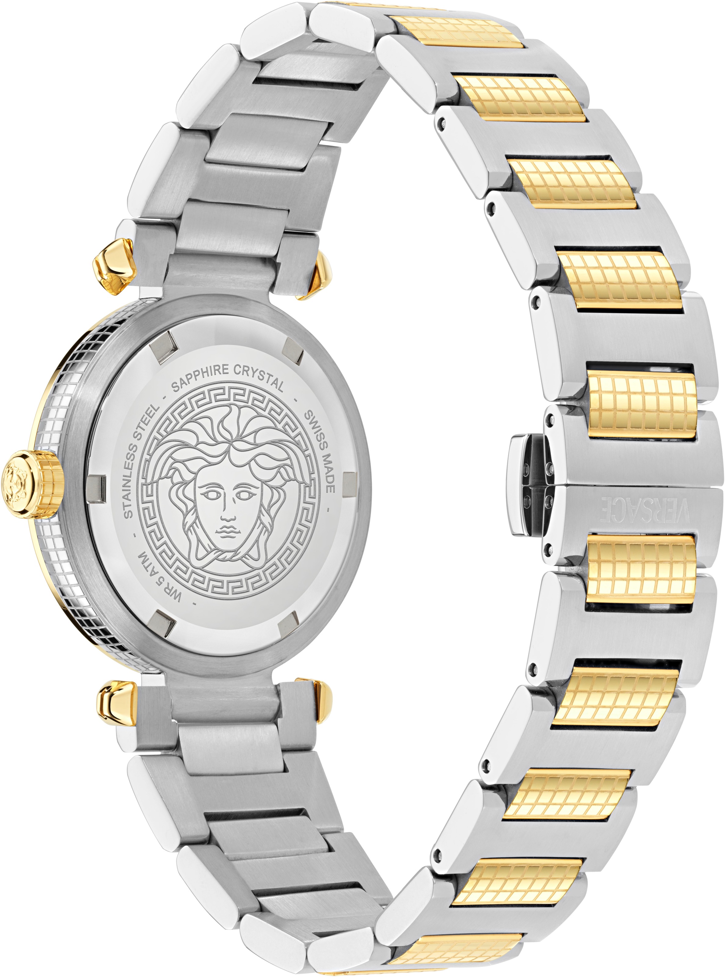 Versace Quarzuhr »VERSACE GREEK«, Armbanduhr, Damenuhr, Swiss Made, Edelstahlarmband, analog