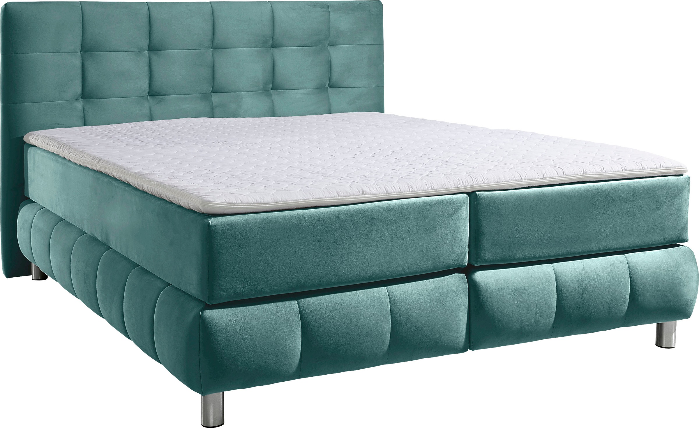Boxspringbett HOME AFFAIRE "Salo", blau (petrol), B:174cm L:211cm, Struktur (100% Polyester);Bezug der Spiegelfläche Matratzendrell aus 100% Polyester;Samtoptik (100% Polyester), Komplettbetten, Boxspringbett, incl. Topper, 6 Breiten, 2 Härtegrade, TFK au 6