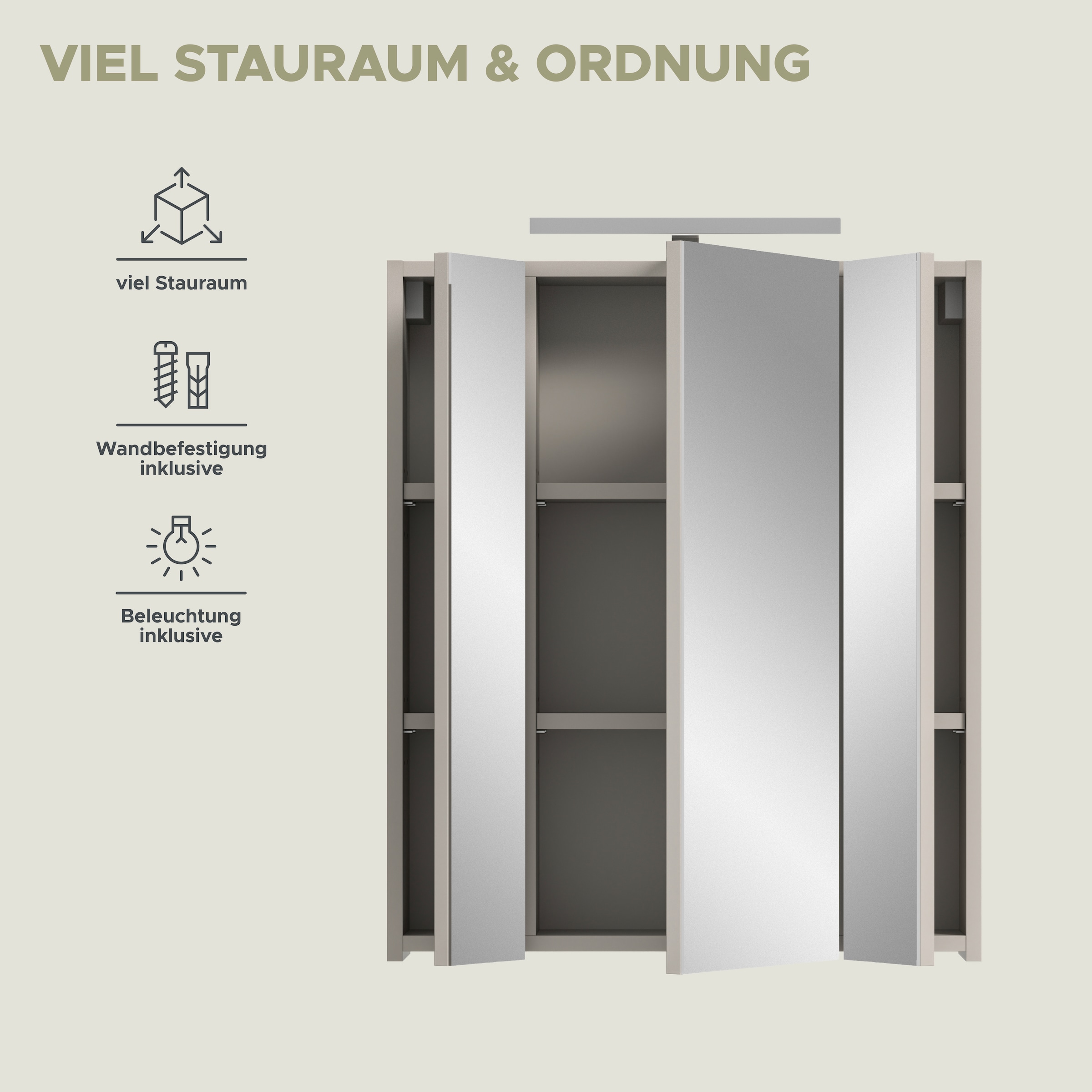 welltime Spiegelschrank »FLORENZ, inkl. Beleuchtung, Breite 60 cm, 3 Spiegeltüren« TOPSELLER!,  in verschiedenen Farben erhältlich, Badmöbel, Badschrank, Schrank, Bad