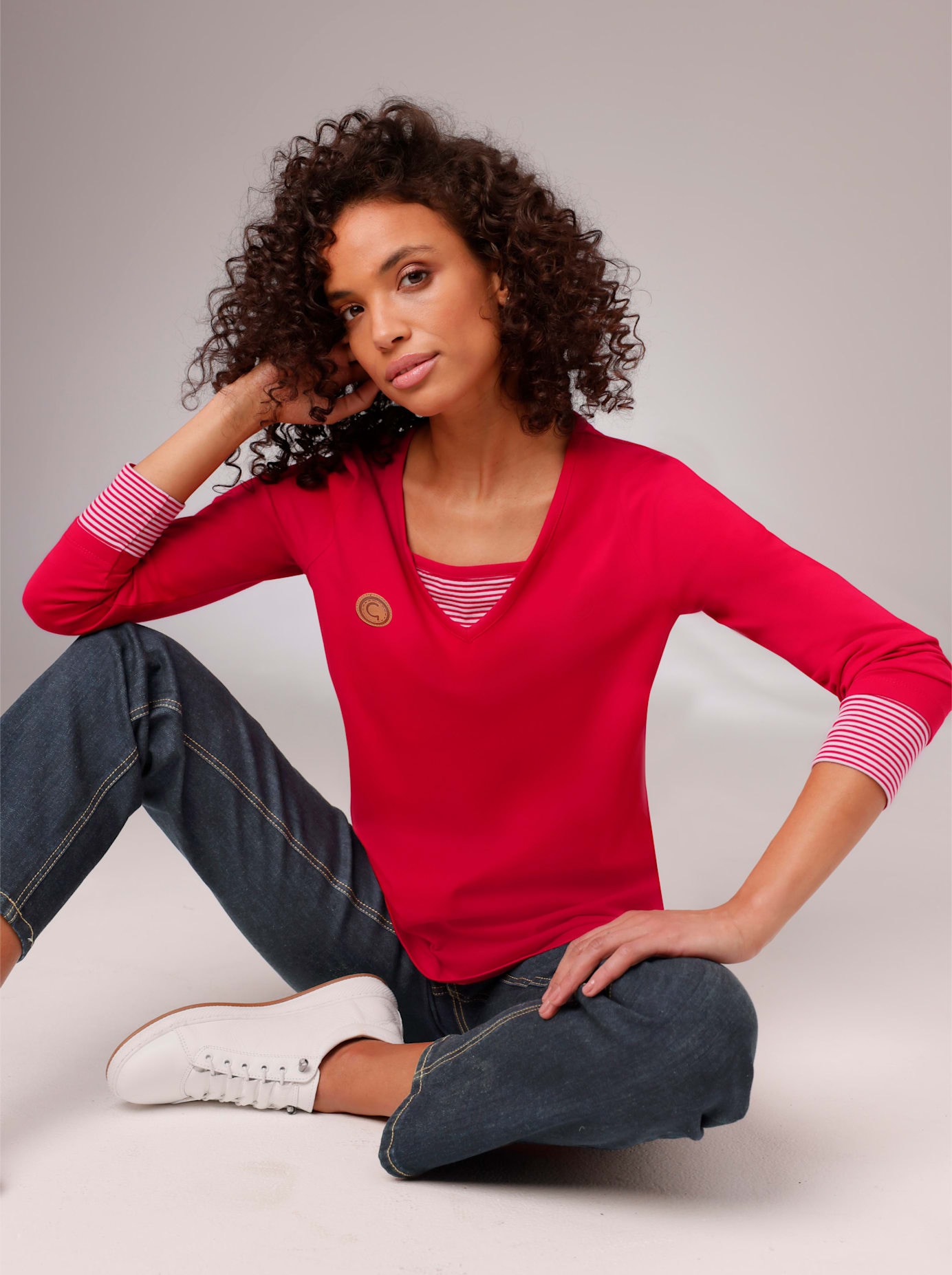 Langarmshirt CREATION L PREMIUM "Pima-Baumwoll-Shirt", Damen, Gr. 38, rot, 95% Baumwolle, 5% Elasthan, gemustert, unifarben, V-Ausschnitt, Shirts Langarmshirt