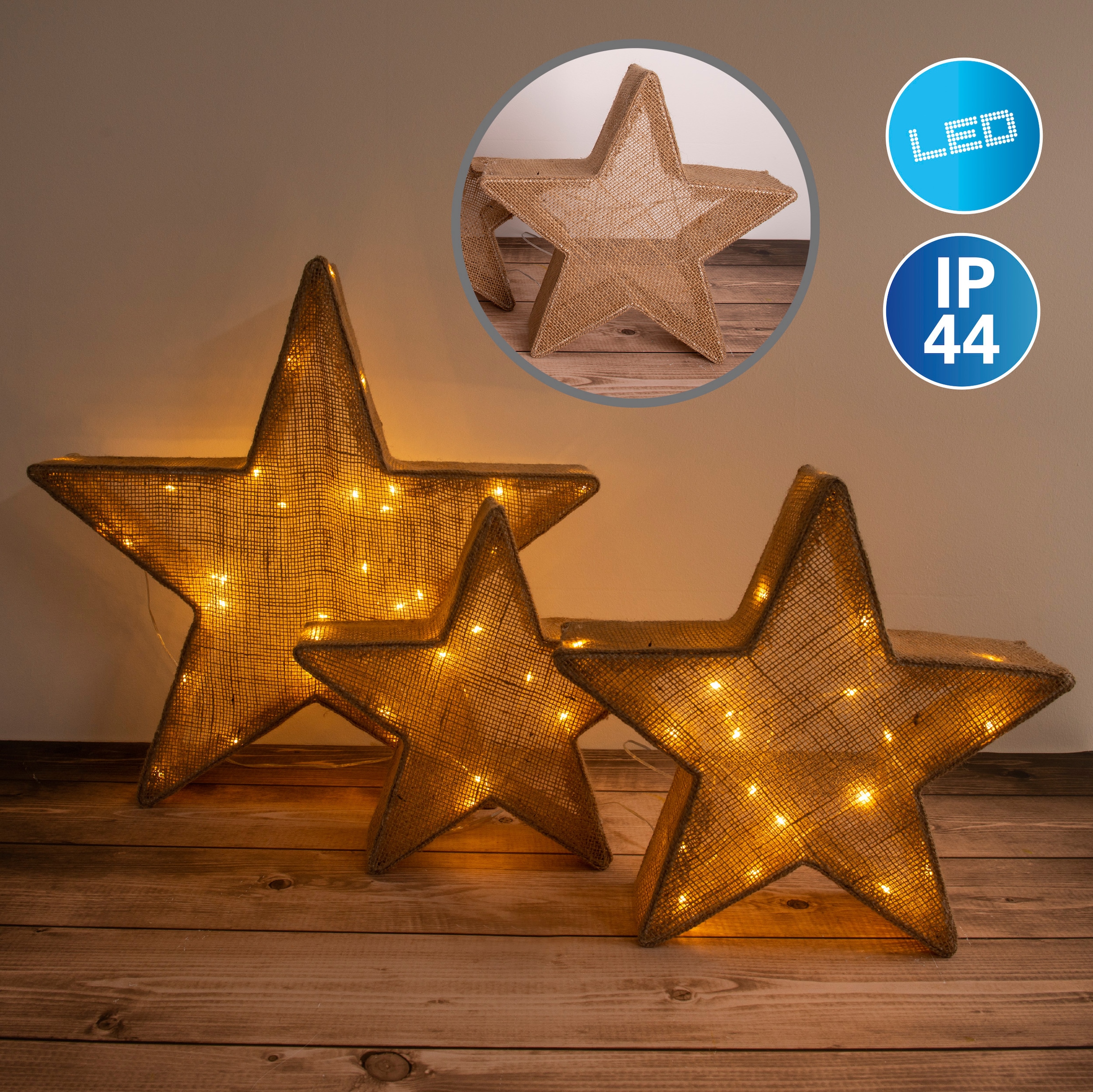 NÄVE LED Stern "Weihnachtsstern, 3er Set Deko-Weihnachtssterne, Weihnachtsdeko aussen", 1, H: 48cm, 1 Stk., braun, Leuchten, Leuchtmittelabstand: ca.