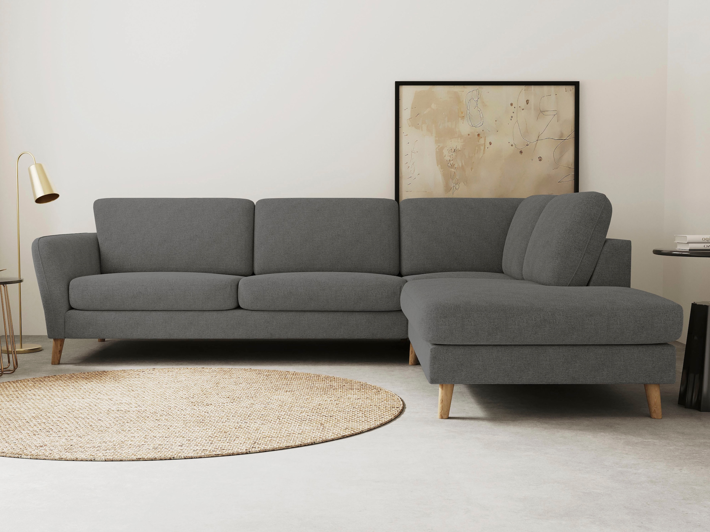 OTTO home Ecksofa "MARSEILLE 278/202 cm, L-Form, Ottom. rechts/links, verschiedene Bezüge" Massivholzbeine Eiche, Landhausstil, Wellenunterfederung