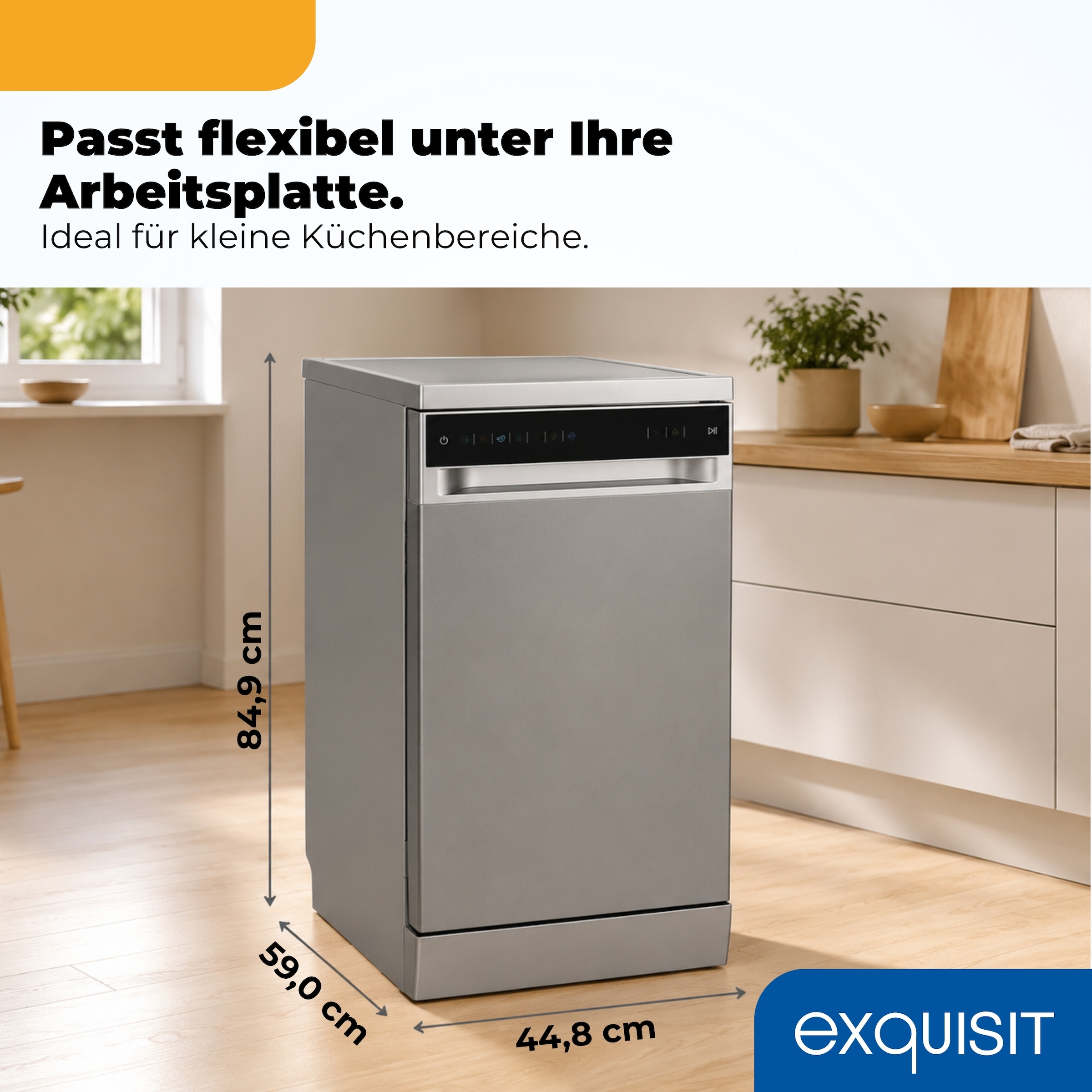 exquisit Standgeschirrspüler 9310 »GSP9311-450C silber« 8,3 l 10 tlg. Maßgedecke 10 Maßgedecke, 7 Programme, LED, Besteckkorb, Auto Door Open, AquaStop