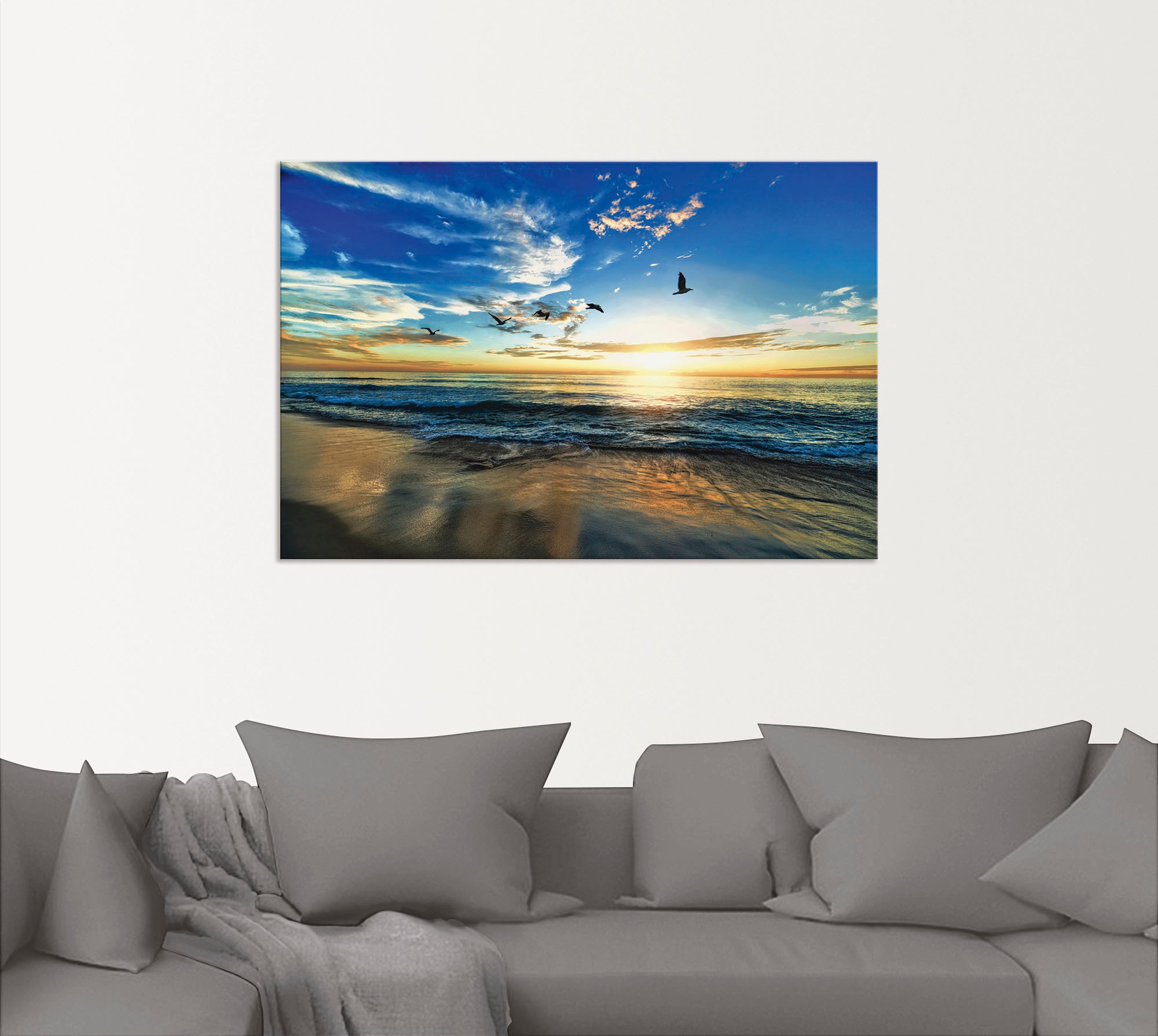 Artland Wandbild »Strand Möwen Meer Sonnenuntergang«, Sonnenaufgang & -untergang, (1 St.), als Alubild, Outdoorbild, Leinwandbild, Poster, Wandaufkleber