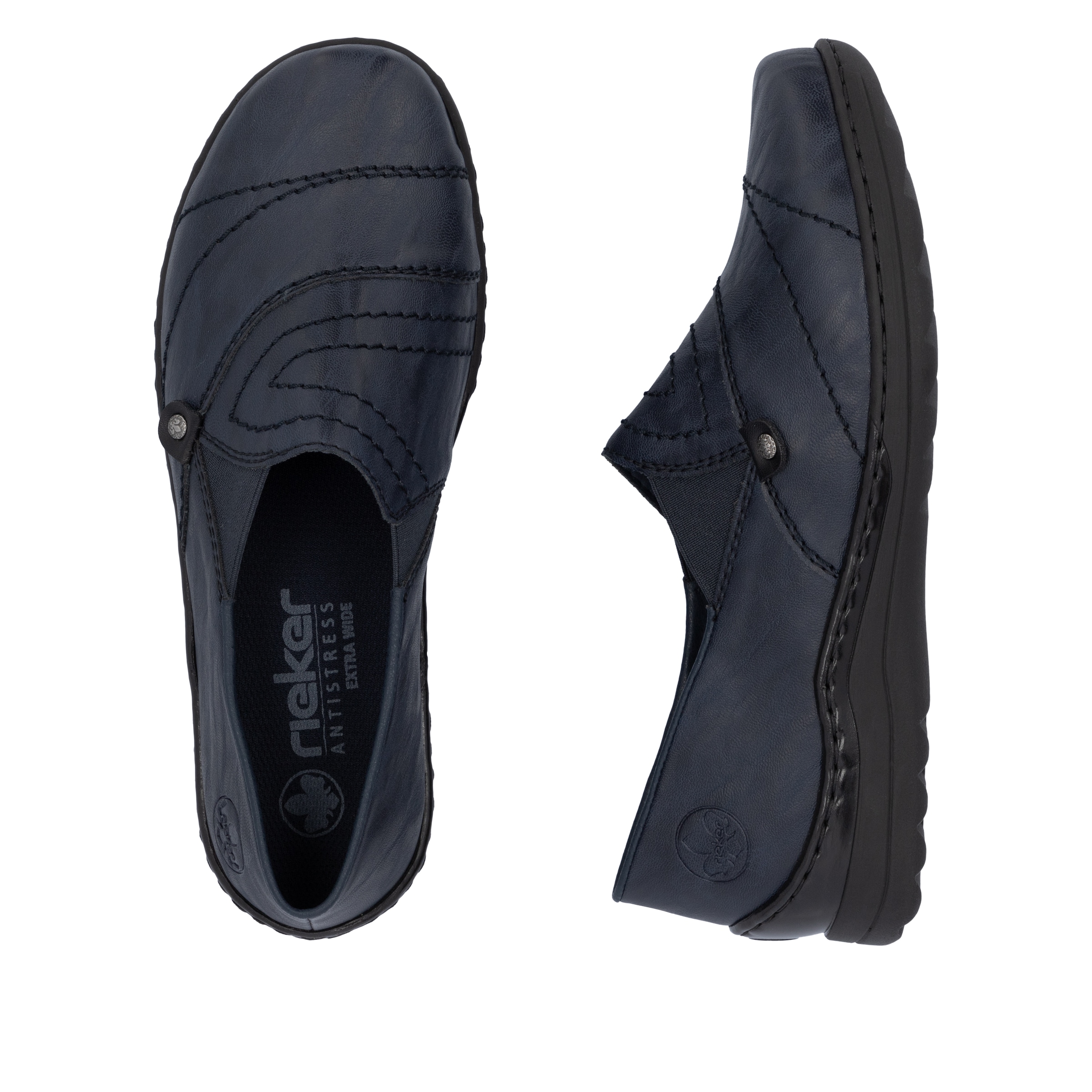 Rieker Slipper, Schlupfschuh, Halbschuh, Slip on mit Stretcheinsatz und Ziersteppung