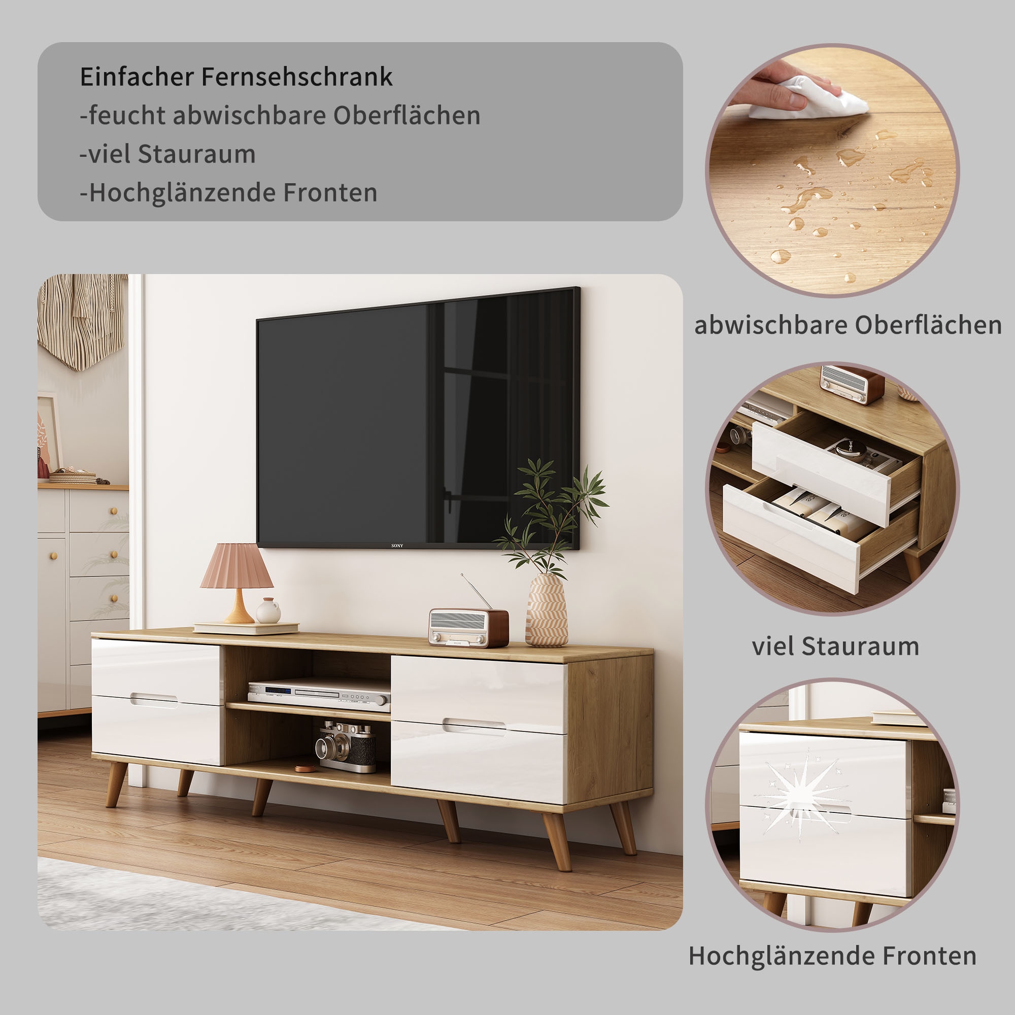 OTTO home TV-Board »Lund« glänzende Fronten, Kabeldurchführung, helles Holzdekor, Breite 160 cm