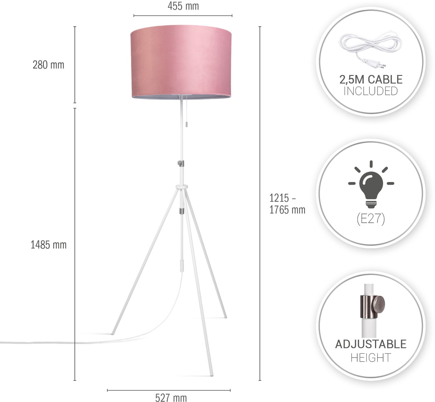 Paco Home Stehlampe »Naomi uni Color«, Leuchtmittel E27 | ohne Leuchtmittel, Wohnzimmer Höhenverstellbar 121,5 bis 176,5 cm Zugschalter Velour