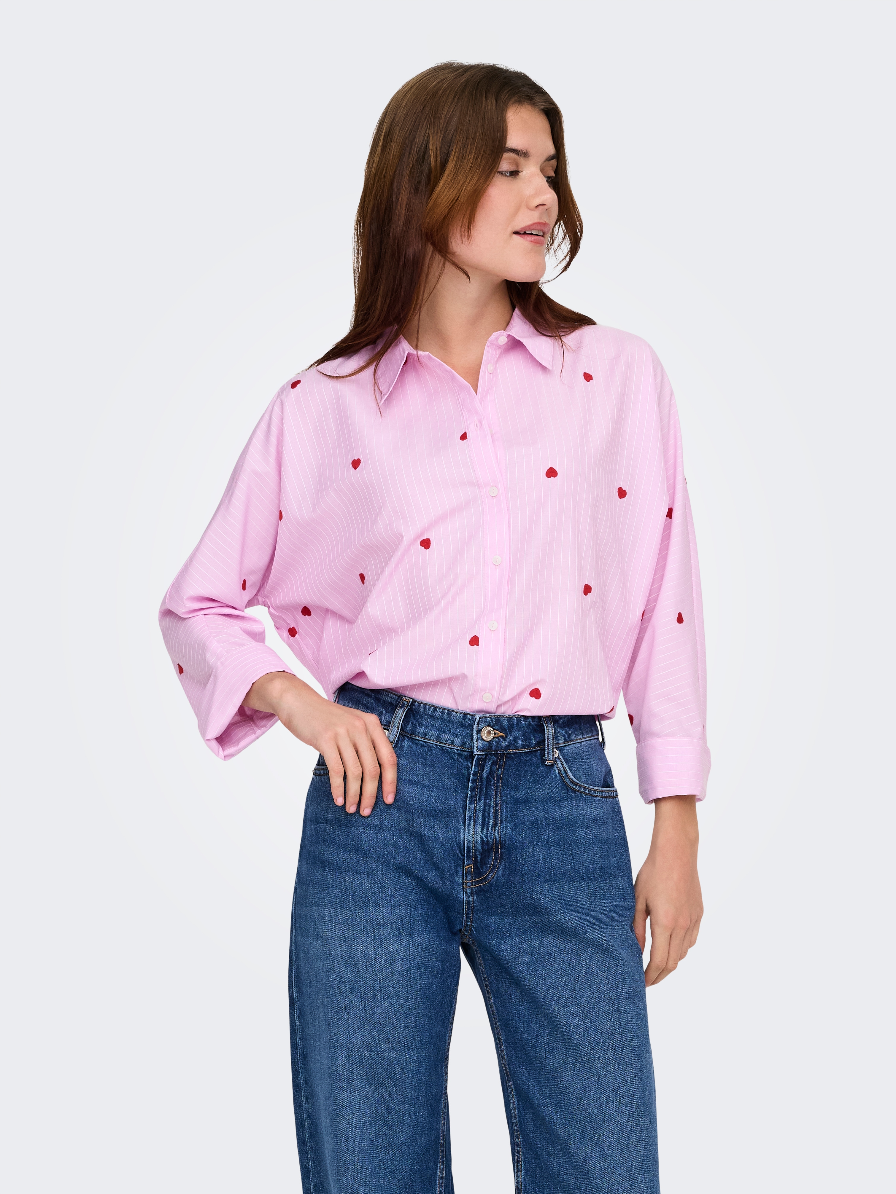 ONLY Hemdbluse "ONLNEW LINA GRACE LS STRIPE EMB SHIRT" Materialmix, Herzchen Stickerei