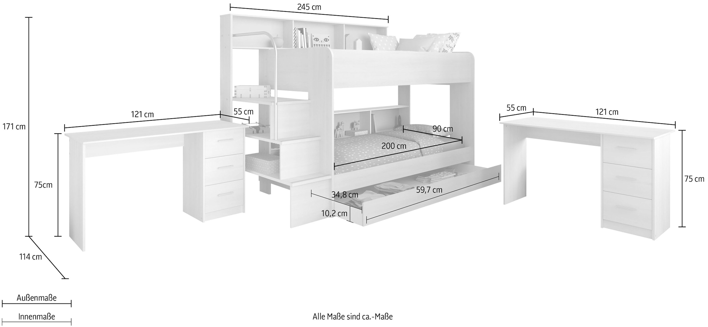 Parisot Jugendzimmer-Set »Bibop«, (3 St., Etagenbett, zwei Schreibtische), mit 2 Schreibtischen