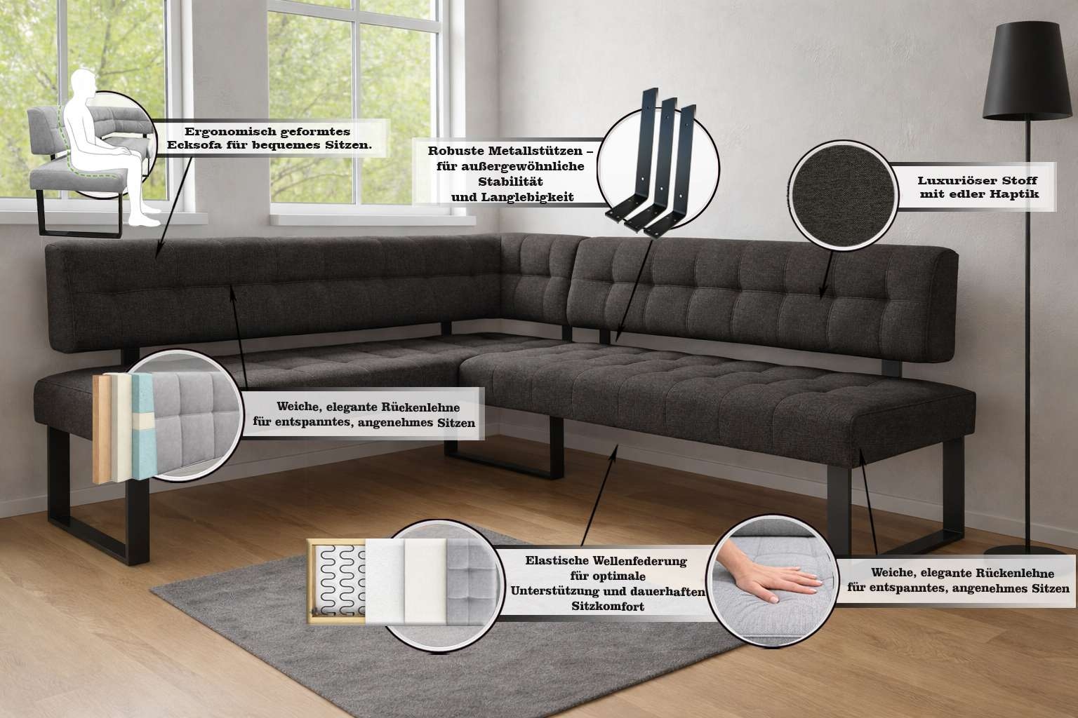 Home affaire Eckbankgruppe »Mia Essecke, Sitzgruppe, Eckbankgruppe, Küchenbankgruppe« Set, 4er, 4 tlg. Eckbank mit Wellenfederung; Tisch in Eiche massiv