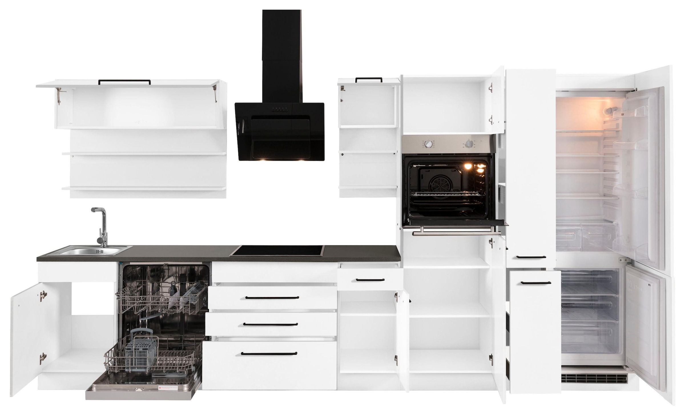 KOCHSTATION Küchenzeile »KS-Tulsa«, ohne E-Geräte, Breite 380 cm, schwarze Metallgriffe, MDF Fronten