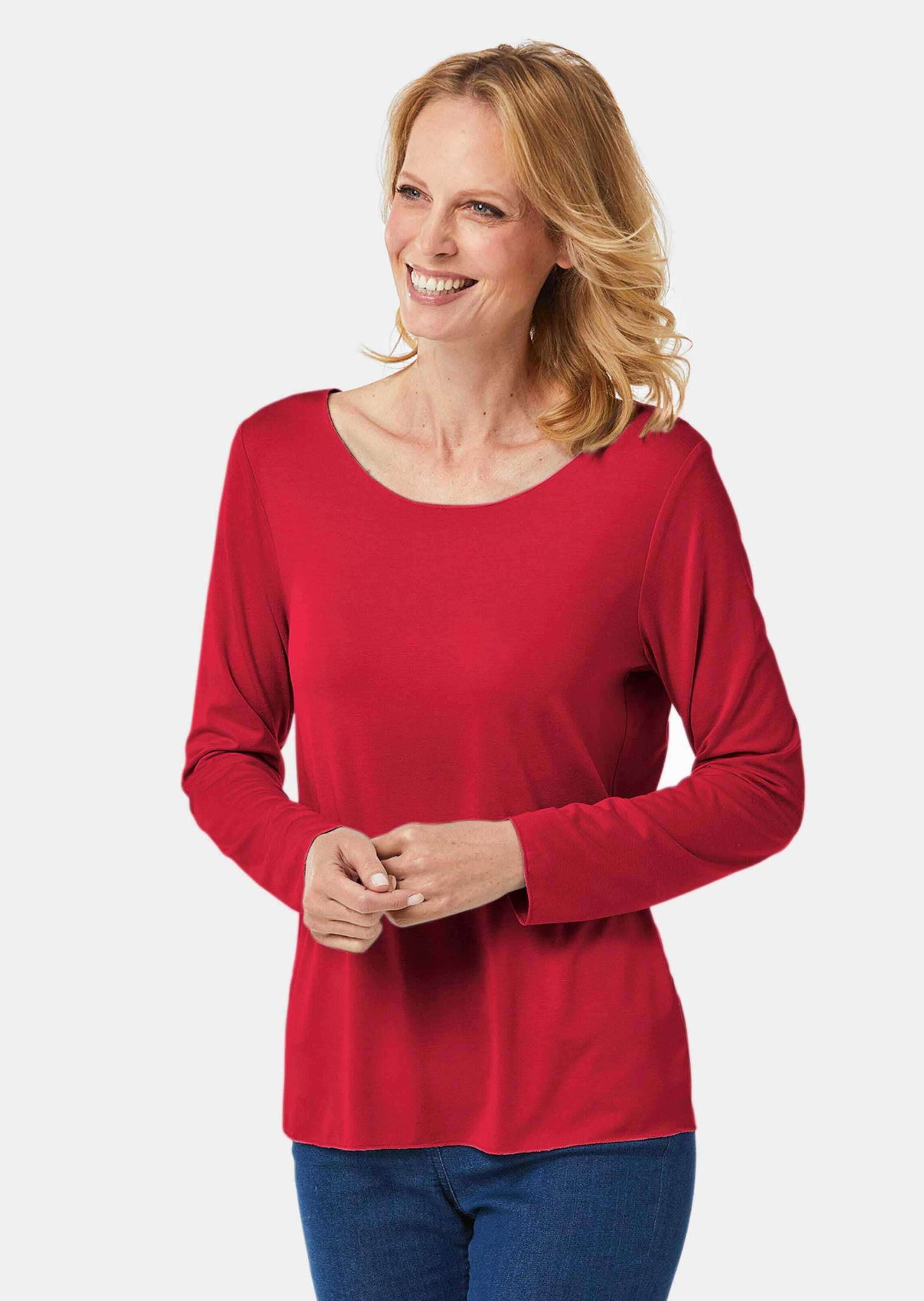 Longpullover GOLDNER "Kombistarkes Langarmshirt mit tonaler Zierkante", Damen, Gr. 44, rot, Obermaterial: 90% Viskose CV. 10% Elasthan EL., Sonstiges, Pullover Longpullover, Ohne 2