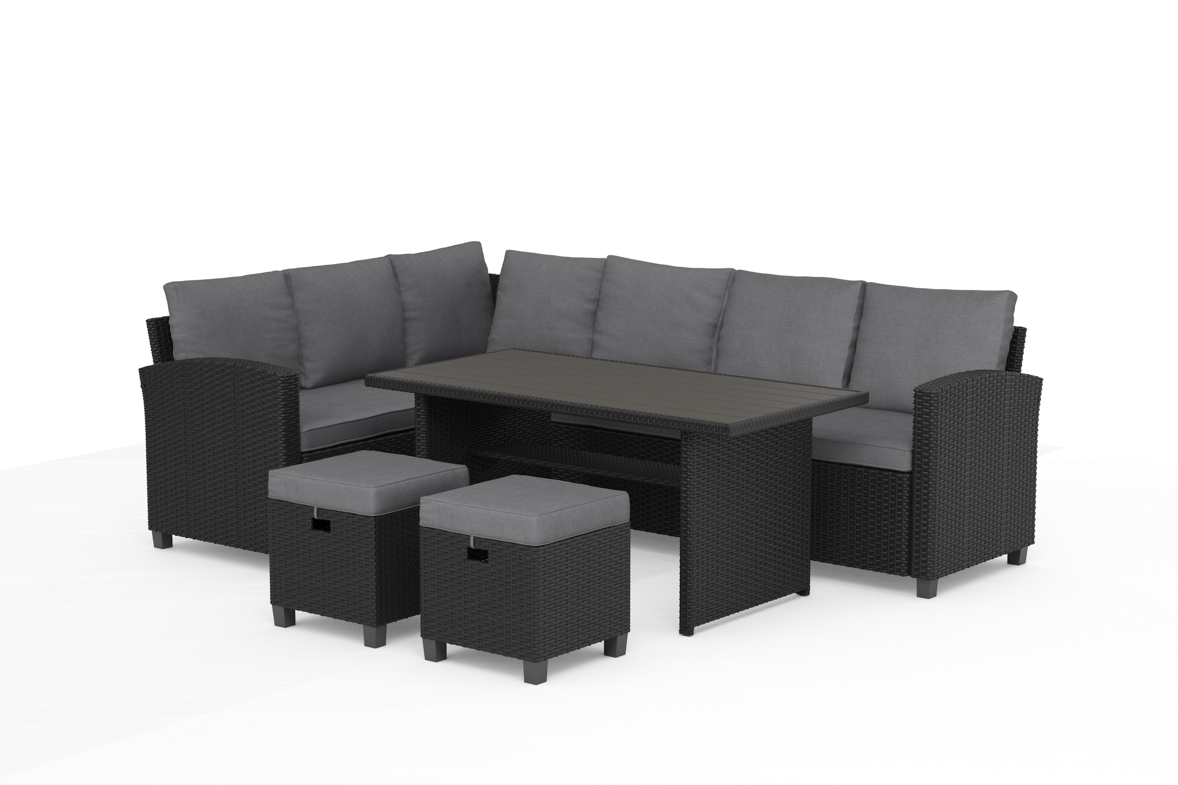 KONIFERA Gartenlounge-Set »Georgia«, (Set, 2x 3er Bank, 2x Hocker, 1x Tisch 145x74x67cm, Stahl, Polyrattan), inkl. Auflagen, Schwarz, Tischplatte aus Nonwood